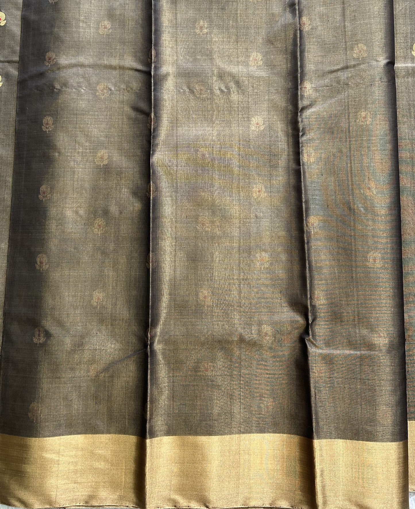 Elephant Gray Chanderi Tissue Saree With Gold Zari Border — Pure Handloom | Silk Mark Certified - Sampradaya Designer Studio
