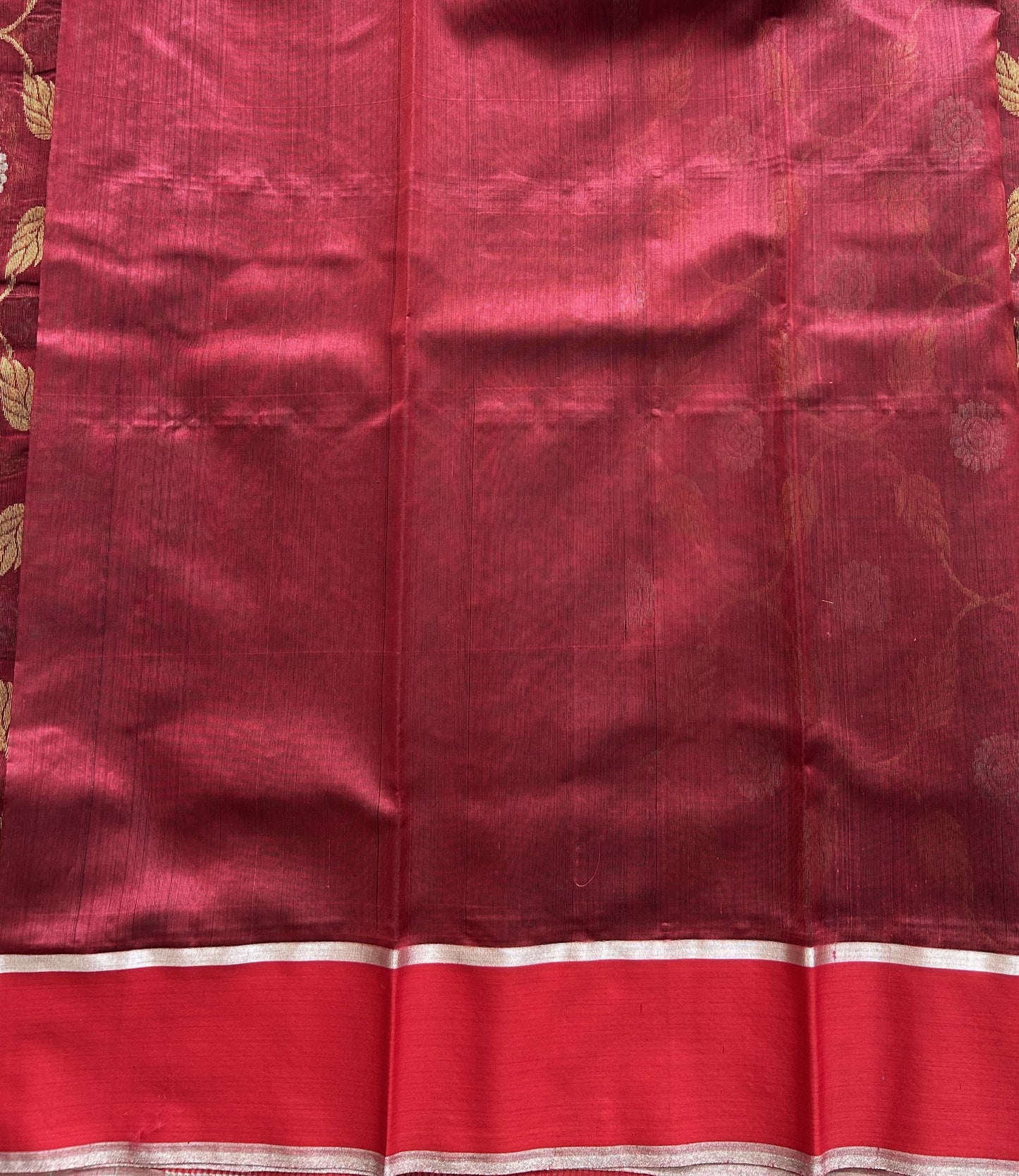 Maroon Chanderi Silk Saree With Gold Zari Border — Pure Handloom | Silk Mark Certified