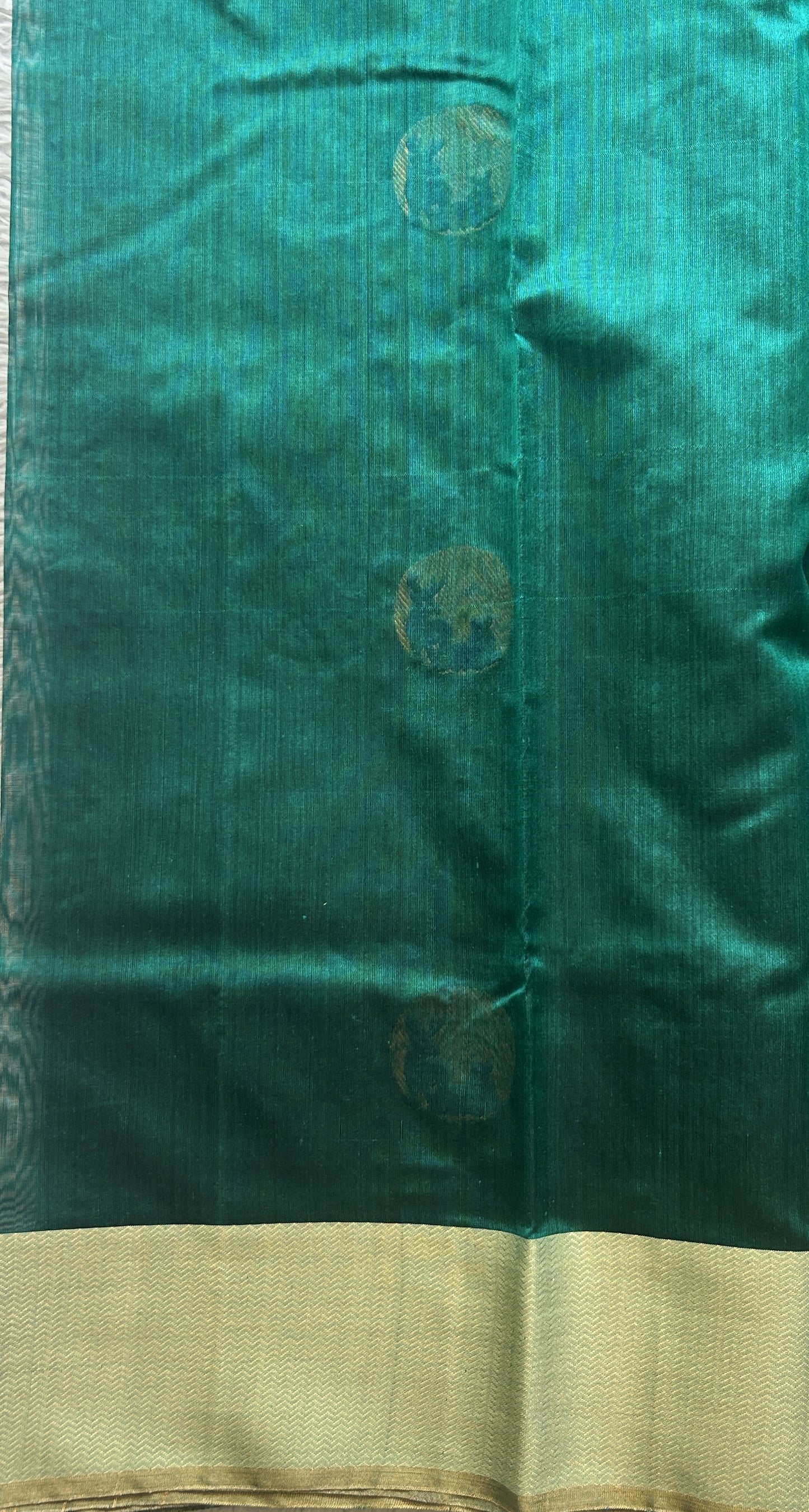 Chanderi Silk Saree Peacock Green color Elegantly Paired Gold Zari border - Sampradaya Designer Studio
