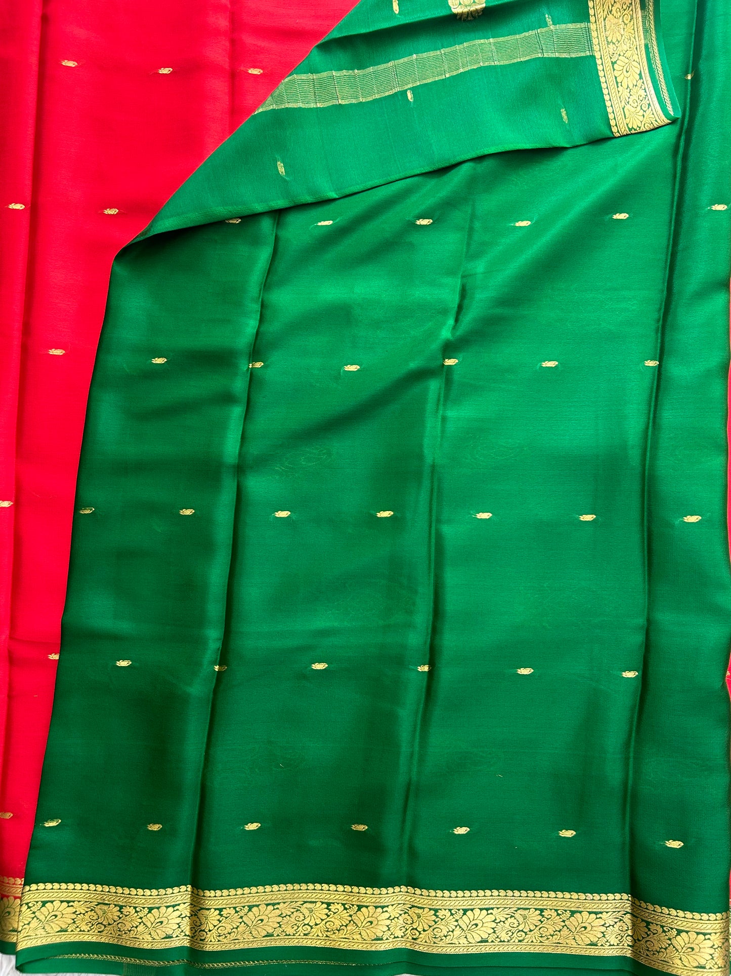 Red Mysore Crepe Silk Saree with Silver Zari Border | Pure Handloom | Silk Mark Certified - Sampradaya Designer Studio