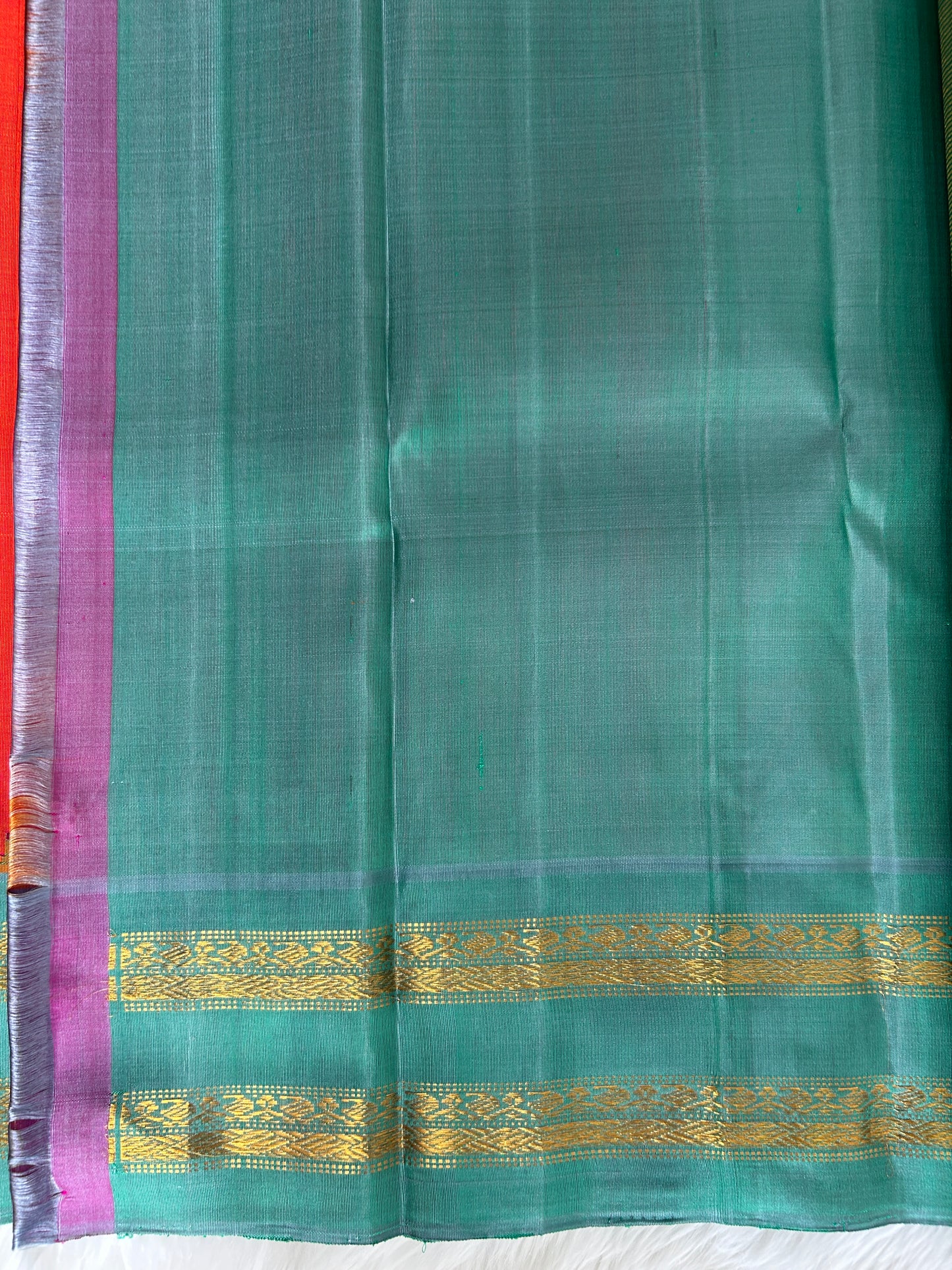 Gadwal Pattu Saree Pinkish Red Colored Saree Complemented With a Light Teal Green Gap Border - Sampradaya Designer Studio