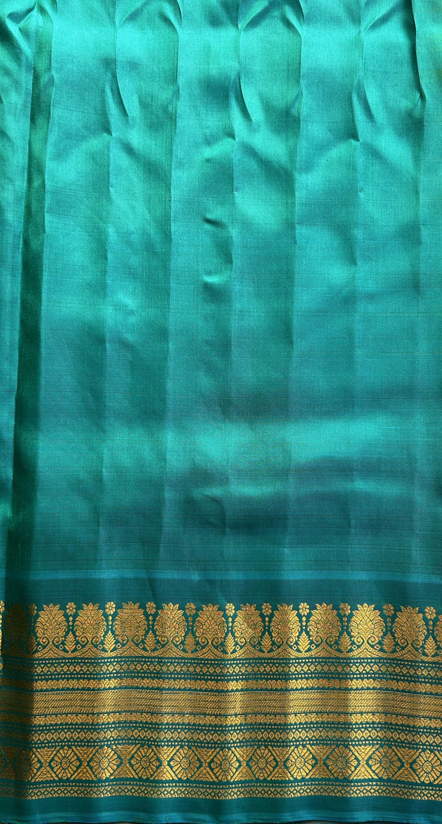 Gadwal Silk Saree Yellow Colored Complemented With a Sea Blue Color Zari Border - Sampradaya Designer Studio