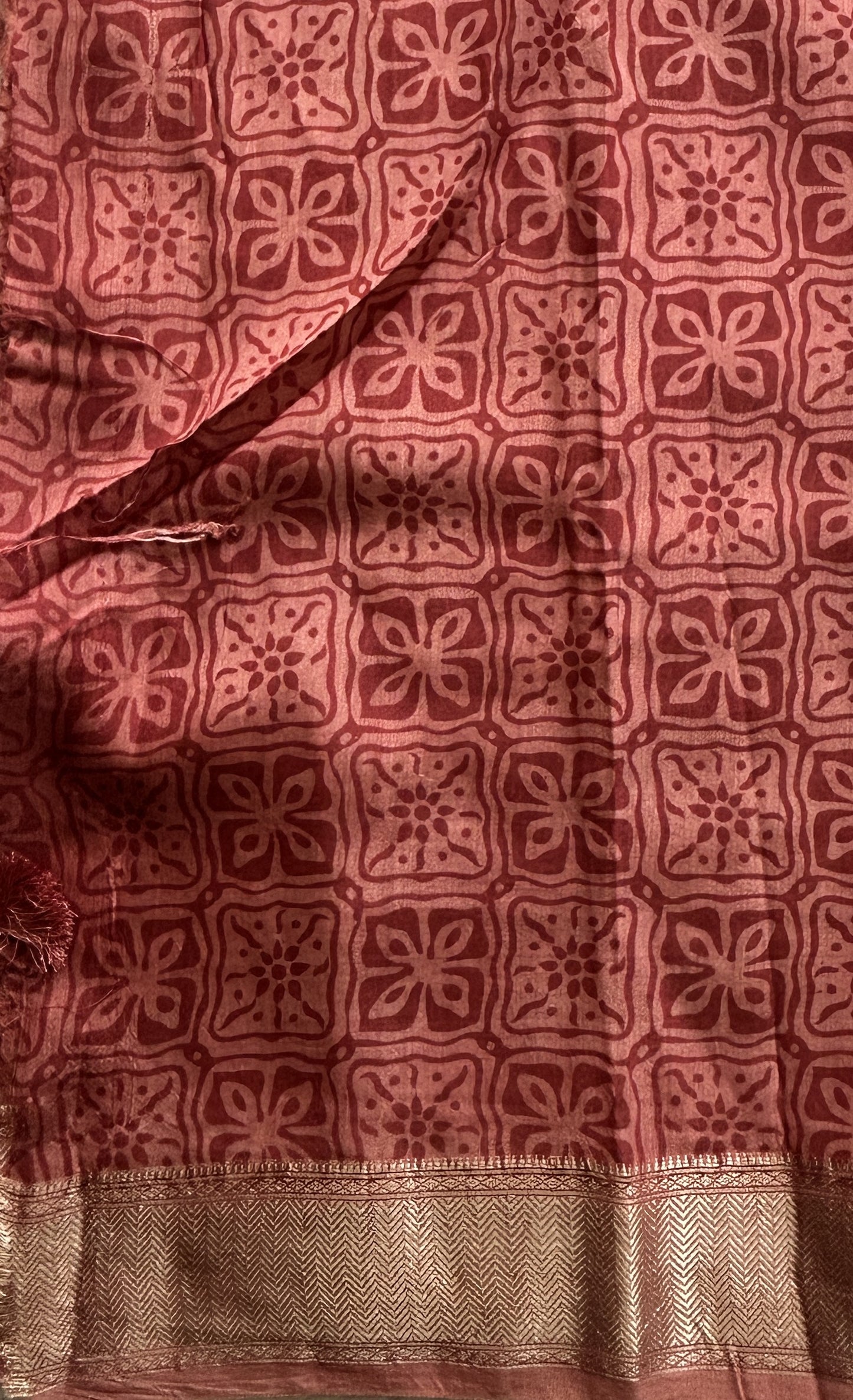 Dola Crepe Saree Light Brick Colored Elegantly Paired with a Zari Border. - Sampradaya Designer Studio