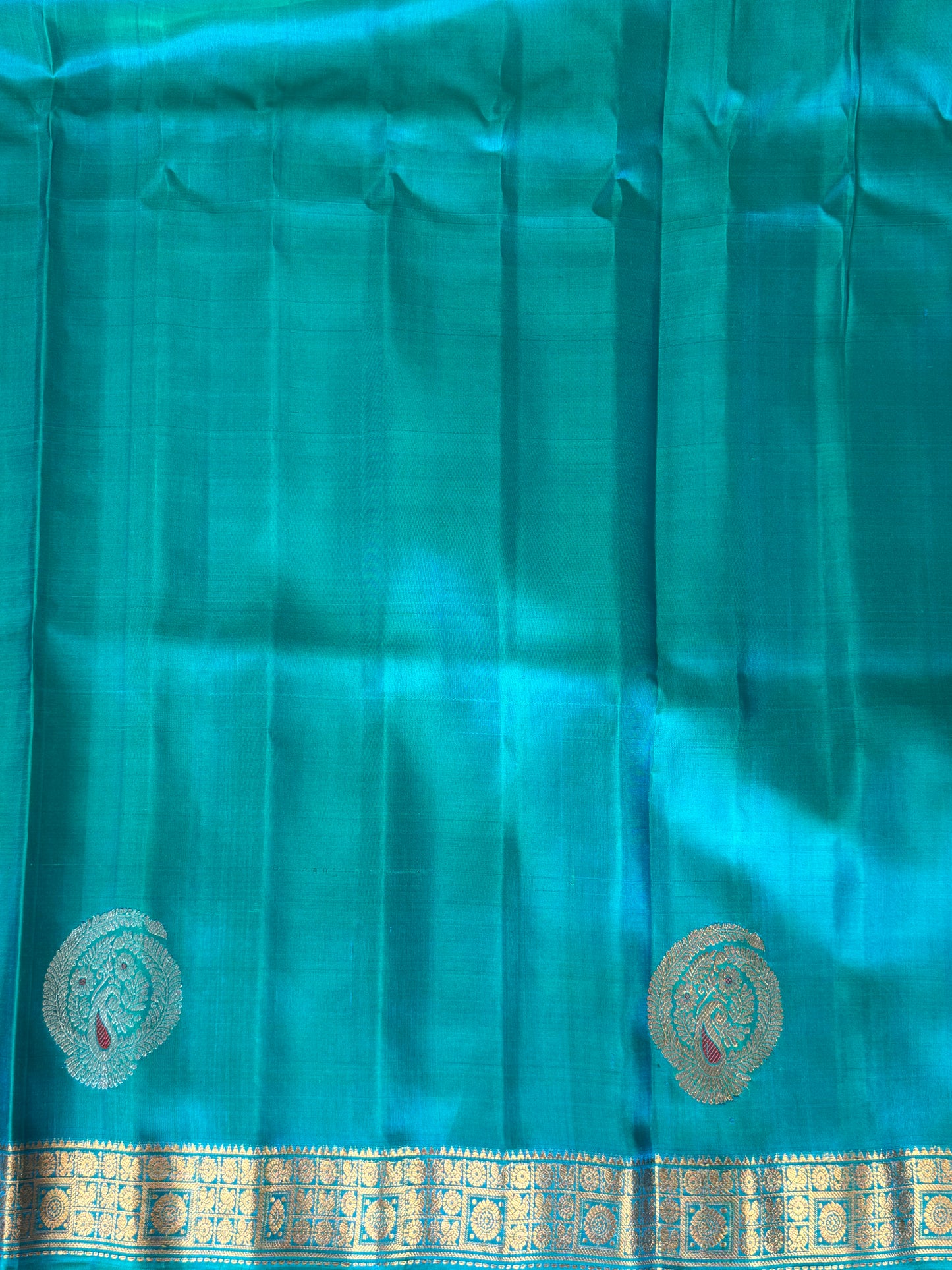 Peacock Green Gadwal Silk Saree with Gold Zari Border — Pure Handloom | Silk Mark Certified - Sampradaya Designer Studio