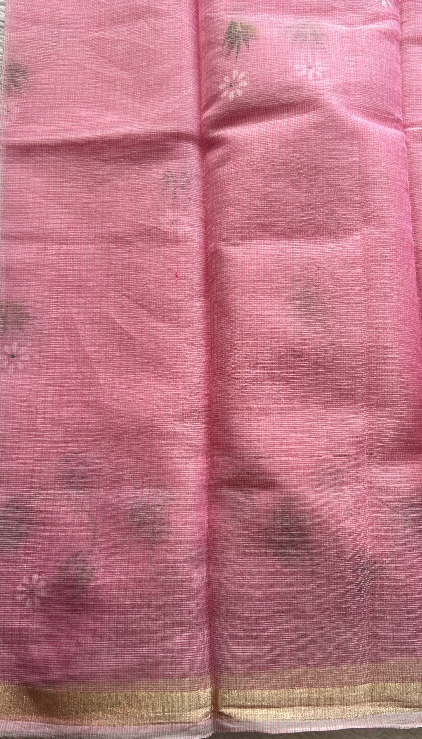 Cotton Kota Hand Painted Saree Pink Colored Complemented with a Borderless. - Sampradaya Designer Studio