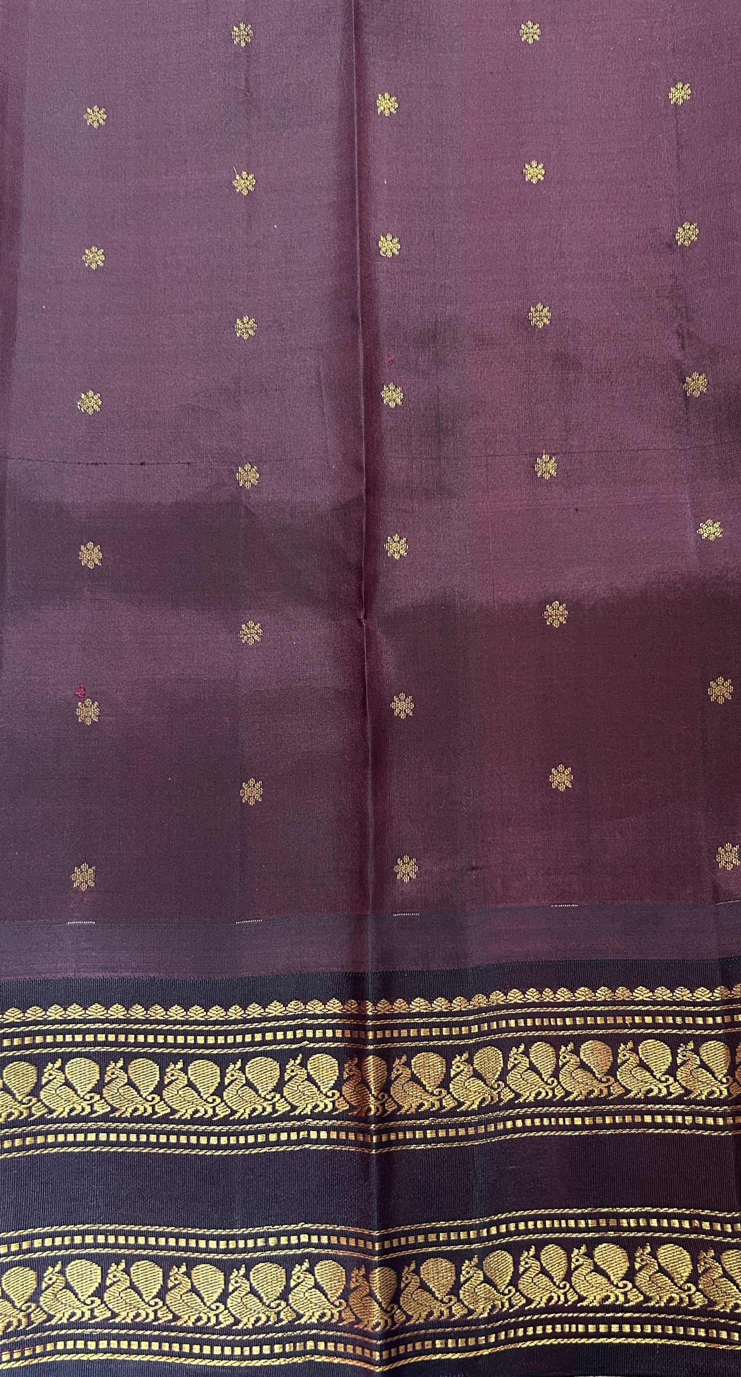 Gadwal Silk Saree Pastel Green colored complemented with a Brown Color Kanchi Gap Border - Sampradaya Designer Studio