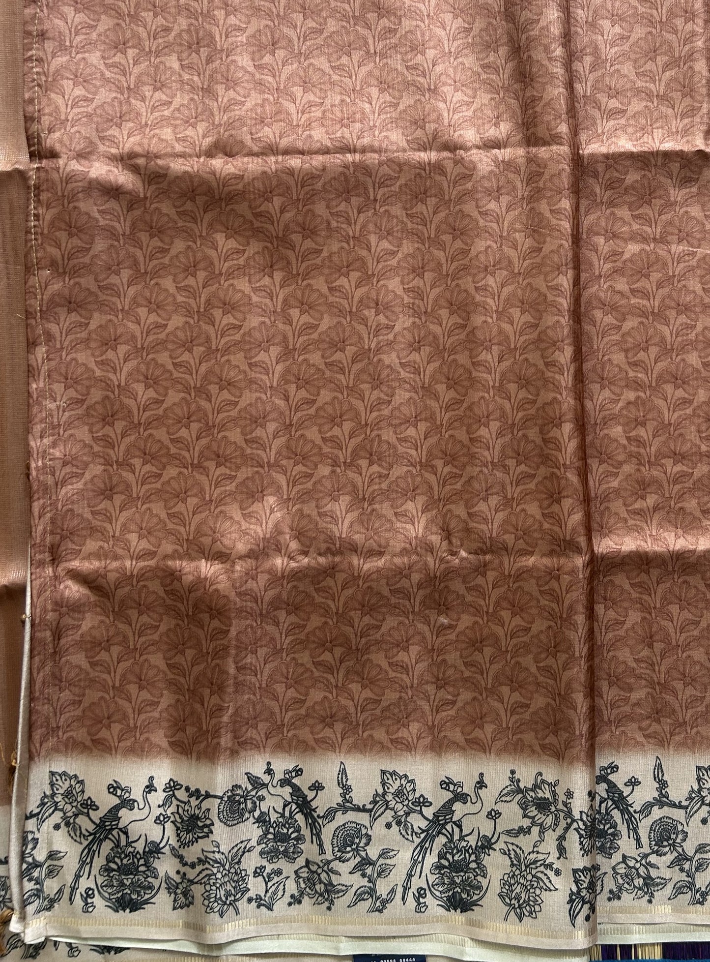 Semi Tussar Silk Saree -Sepia color with Gold Zari Border - Elegant Fancy Saree for Party & Office Wear.