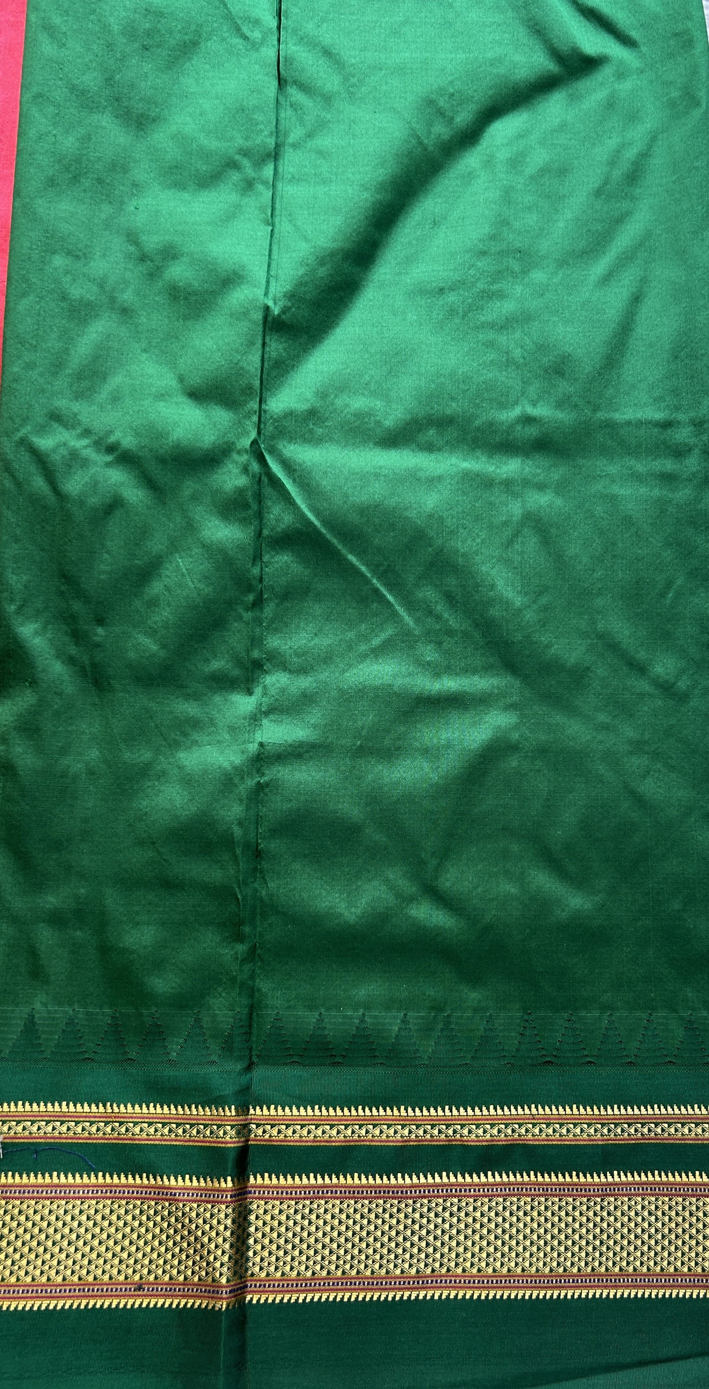 Narayanpet Silk Saree Dark Peach Colored Complemented with a Green Zari Border. - Sampradaya Designer Studio