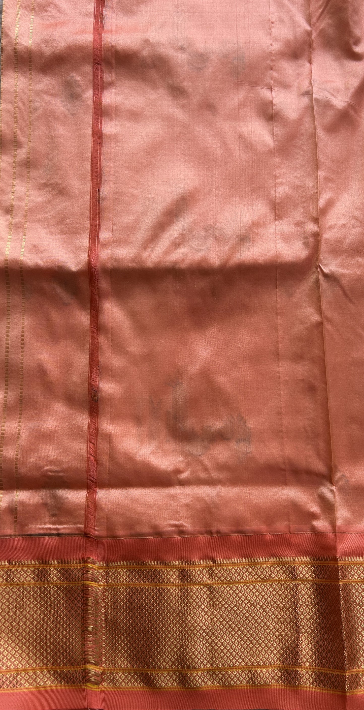 Narayanpet Silk Saree White Colored Complemented with a Peach Zari Border. - Sampradaya Designer Studio