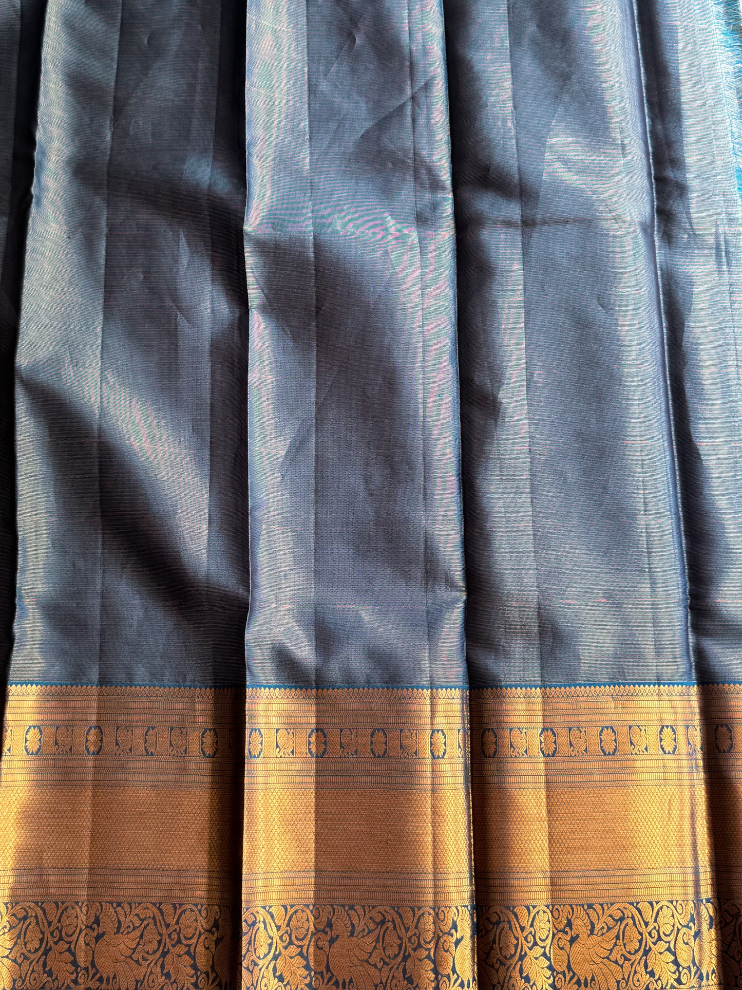 Blue Pure Kanjivaram Silk Saree | Weaving Border With Oosi Lines And Kolam Motif | Handloom | Silk Mark Certified