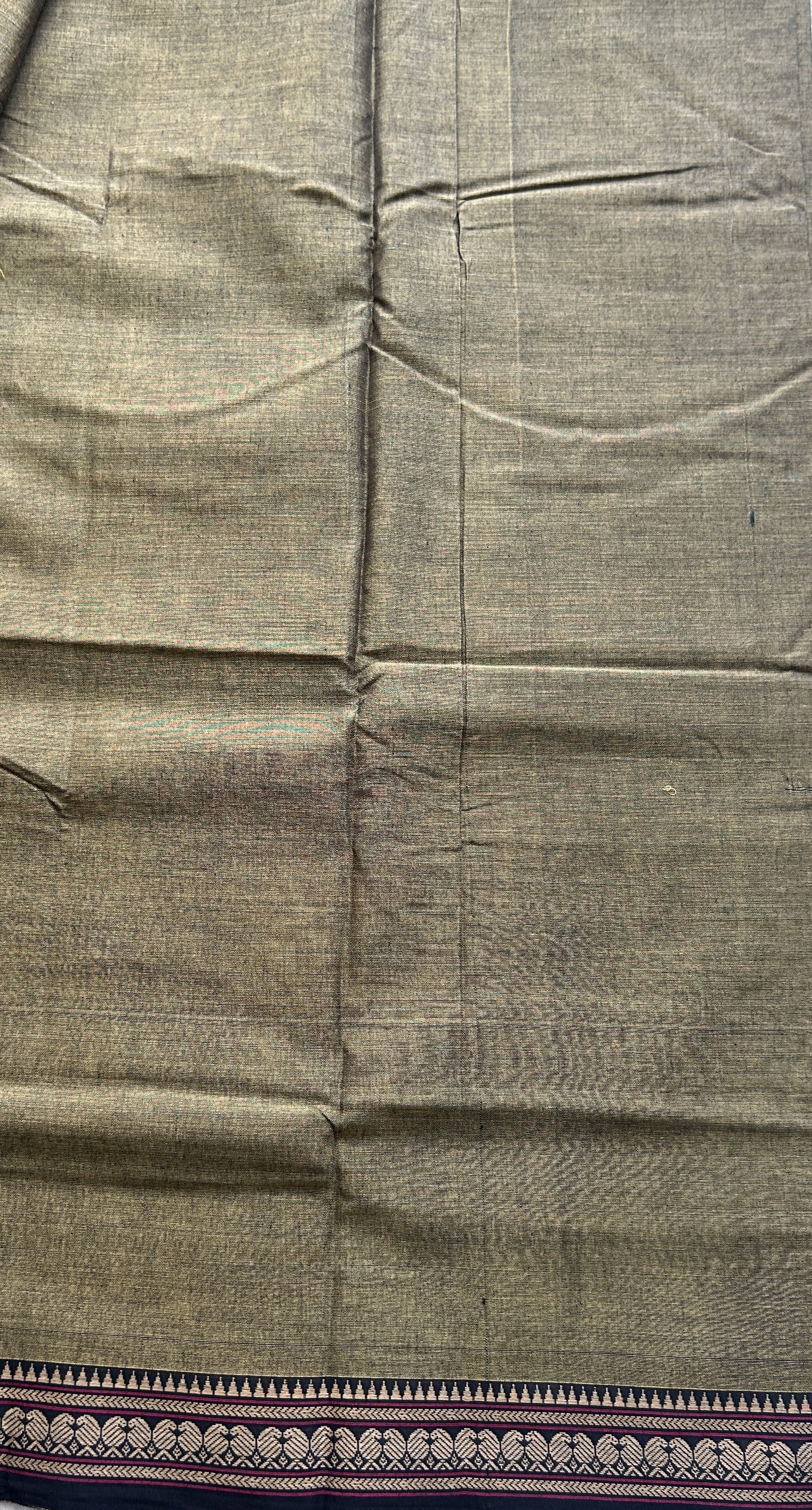 Narayanpet Cotton Saree Dark Olive Green Colored Complemented with a Thread Border. - Sampradaya Designer Studio