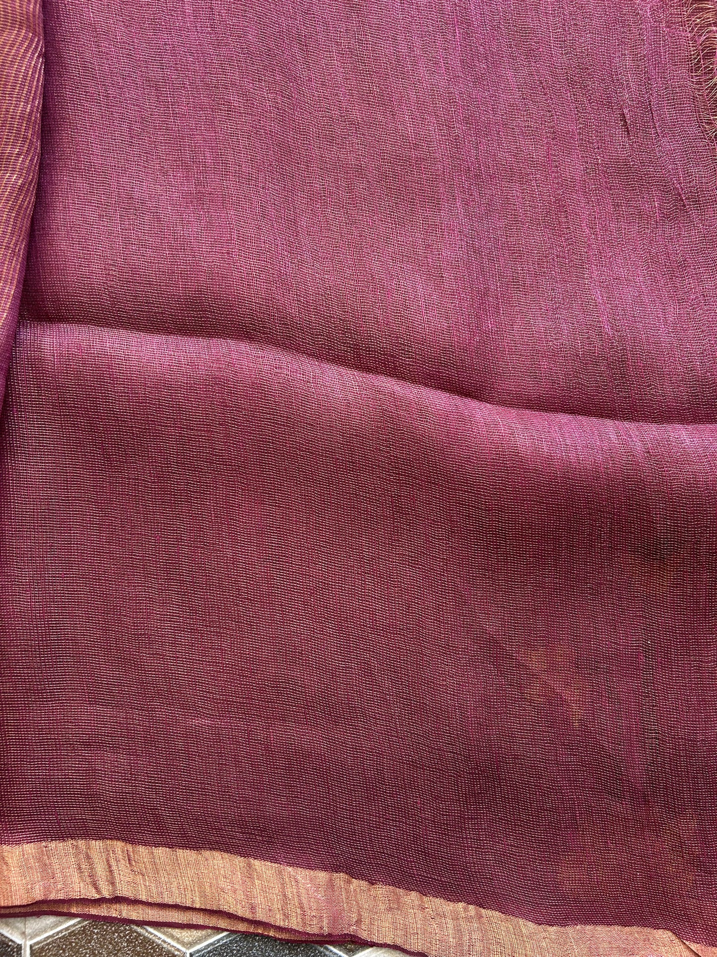 Wine Pure Tissue Linen Jamdani Saree with Gold Zari Border | Pure Handloom