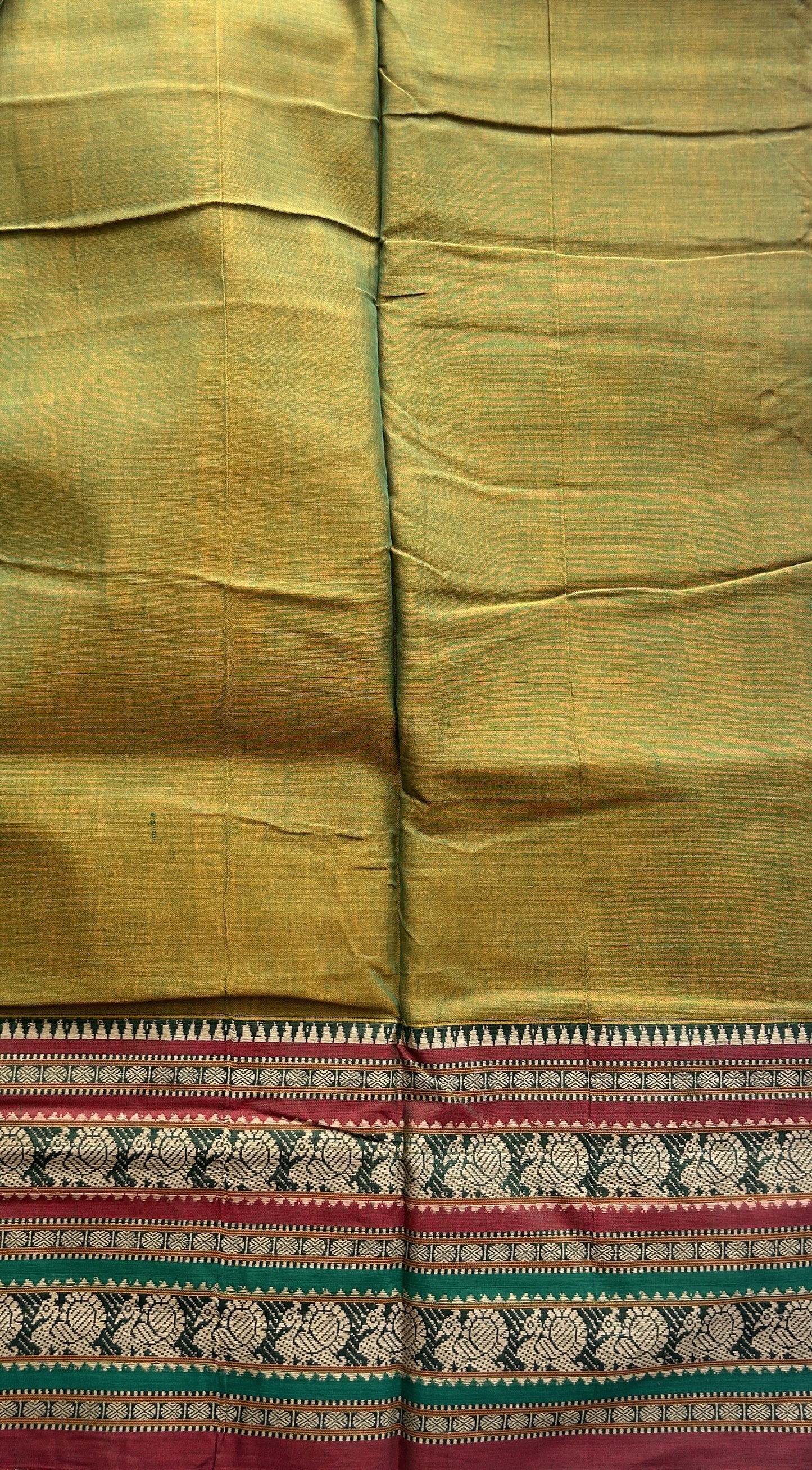 Narayanpet Cotton Saree Olive Green Colored Complemented with a Thread Border. - Sampradaya Designer Studio