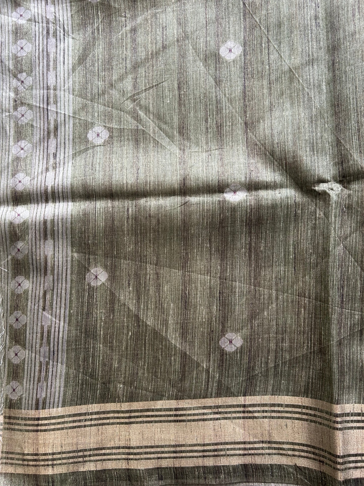 Semi Tussar Silk Saree -Olive color with Gold Zari Border - Elegant Fancy Saree for Party & Office Wear.