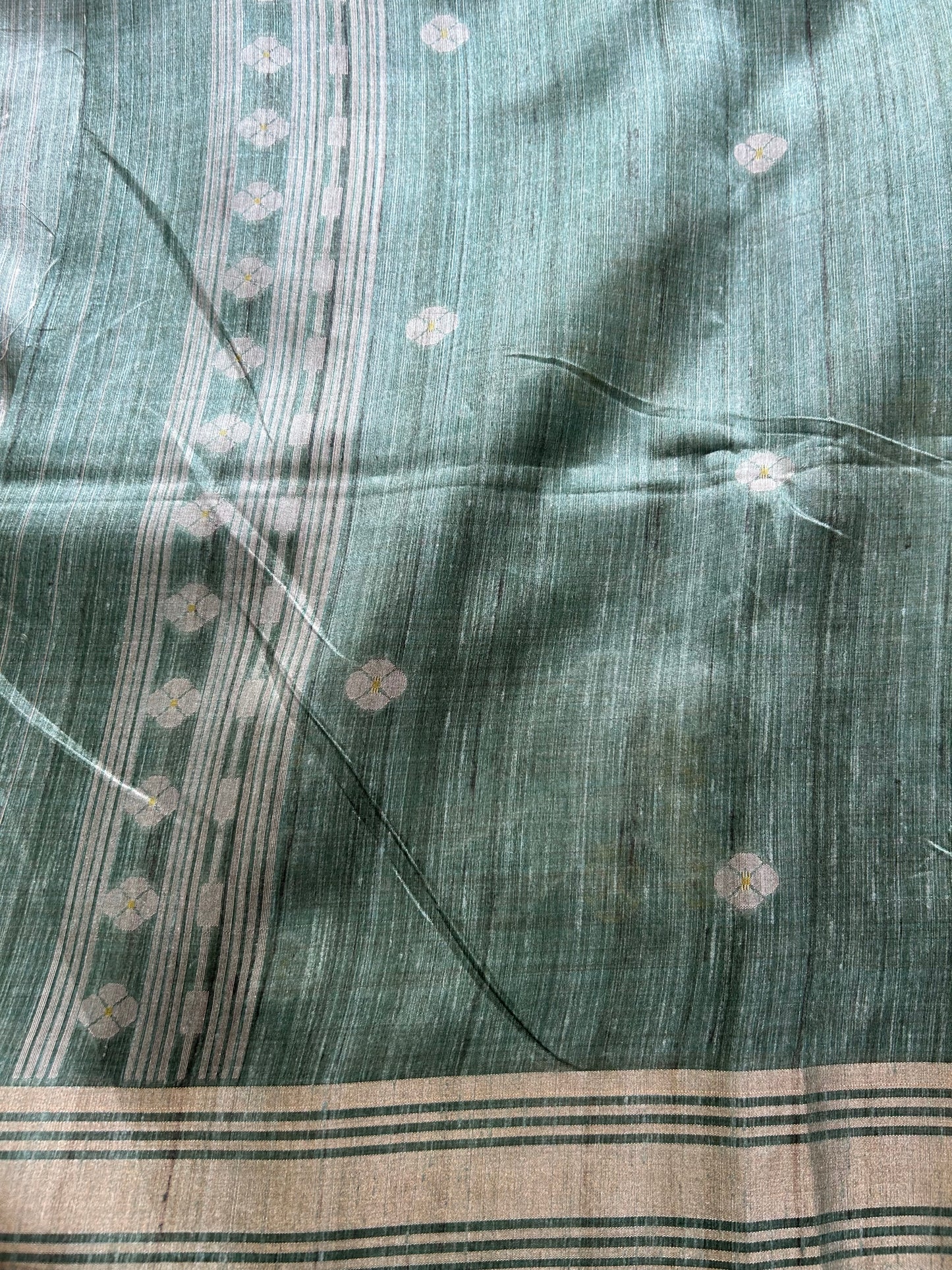 Semi Tussar Silk Saree -Green color with Gold Zari Border - Elegant Fancy Saree for Party & Office Wear.