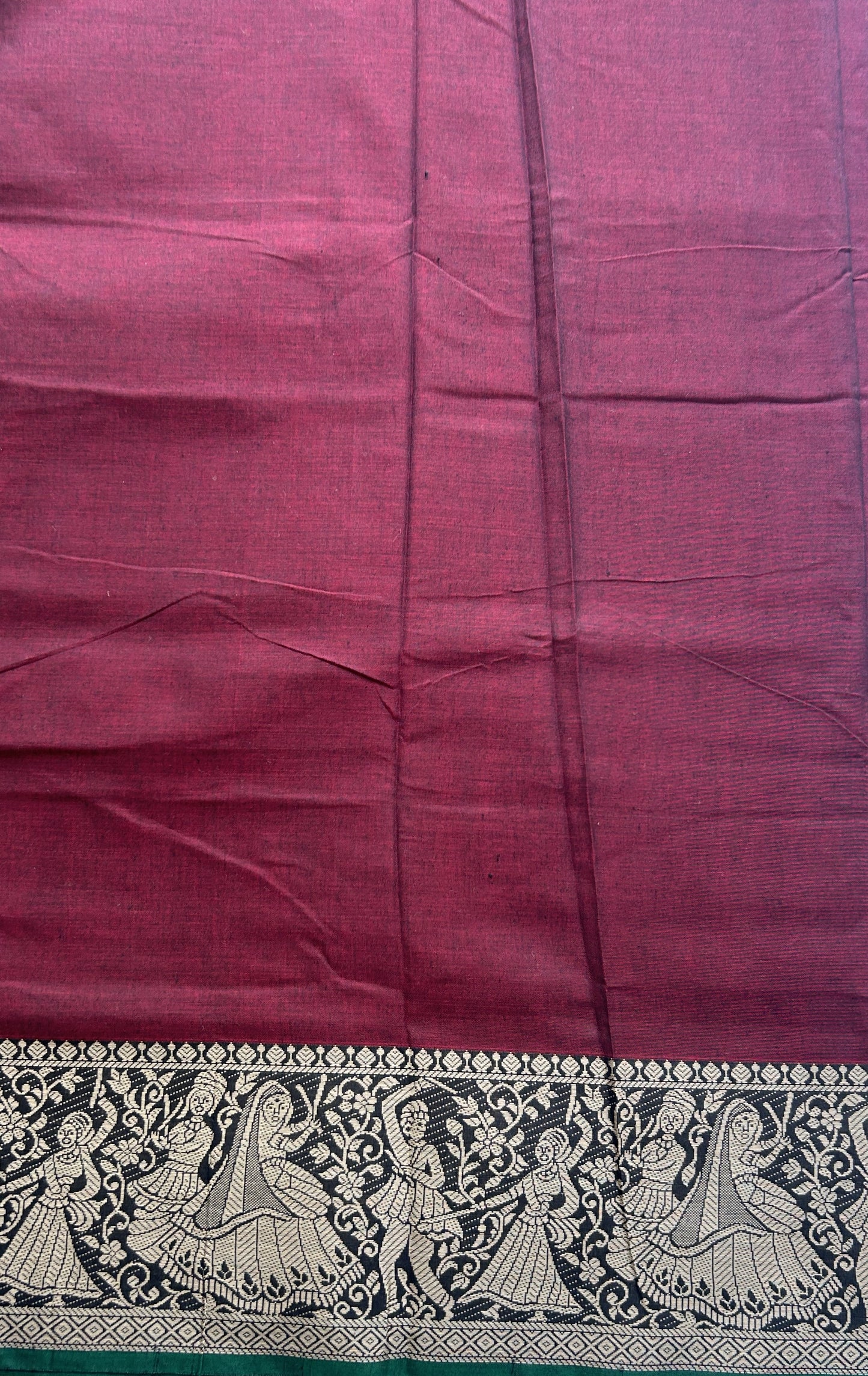 Narayanpet Cotton Saree Maroon Colored Complemented with a Black Thread Border. - Sampradaya Designer Studio