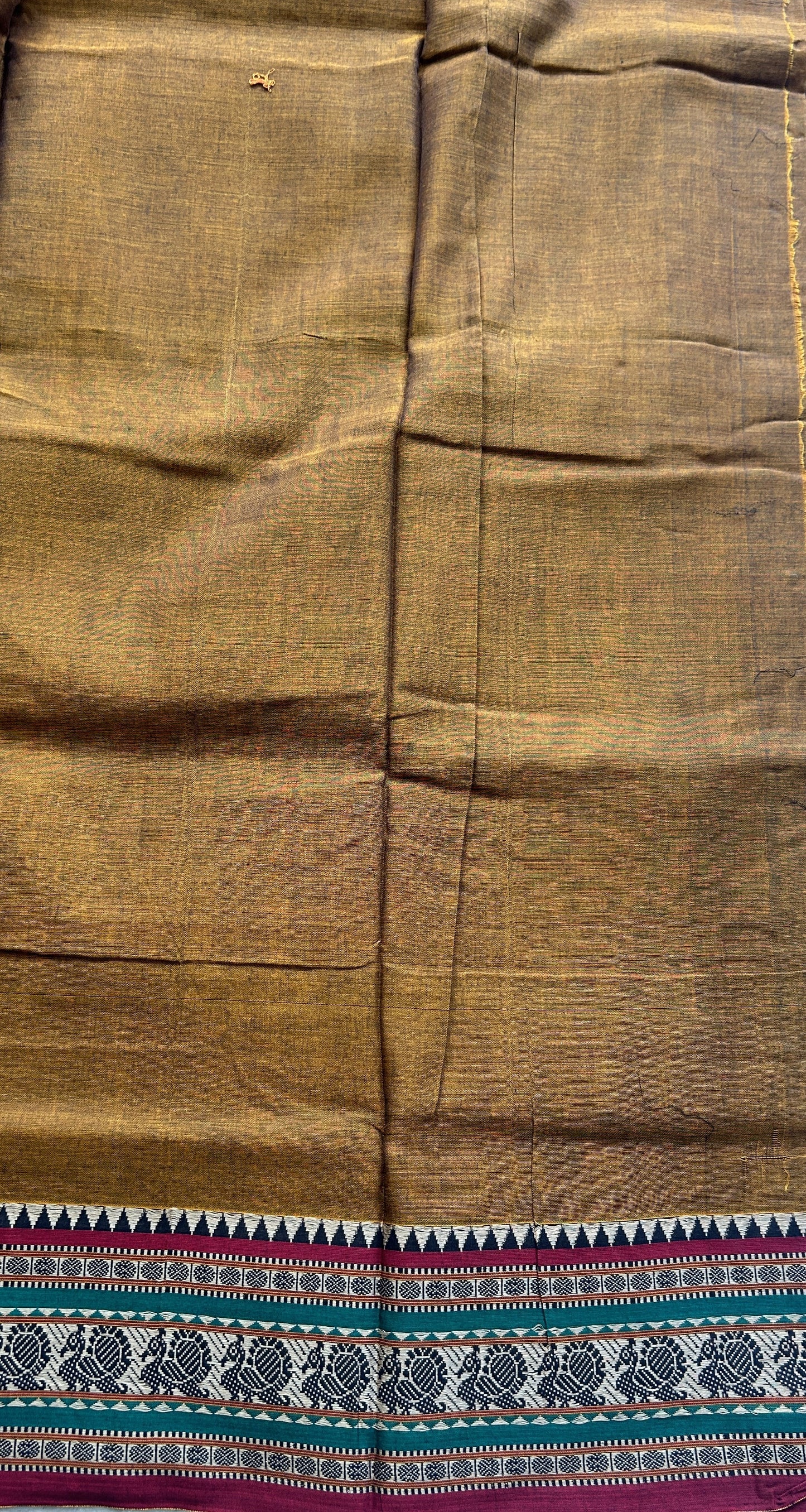Narayanpet Cotton Saree Dark Mustard Colored Complemented with a Thread Border. - Sampradaya Designer Studio
