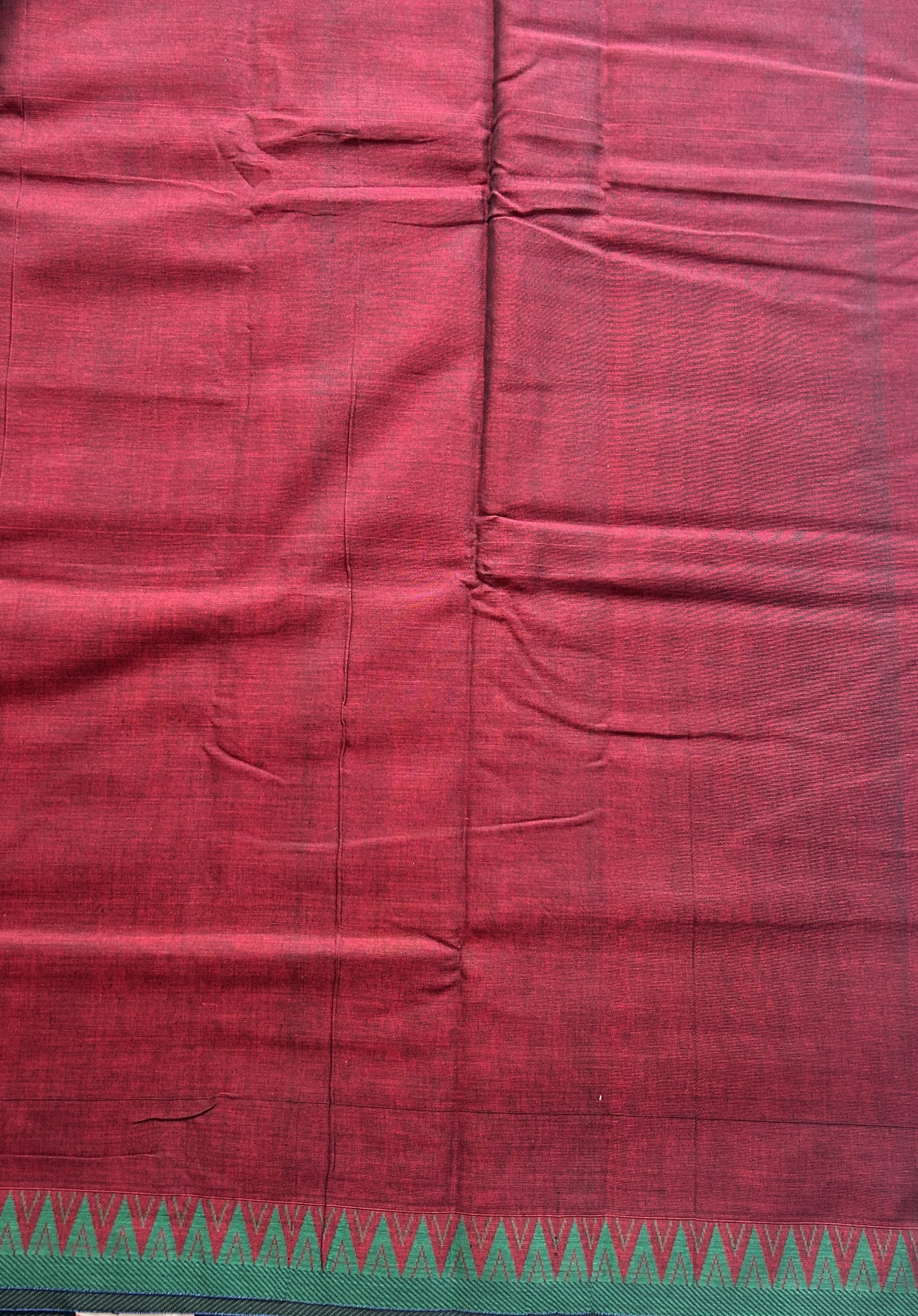 Narayanpet Cotton Saree Dark Maroon Colored Complemented with a Green Thread Border. - Sampradaya Designer Studio
