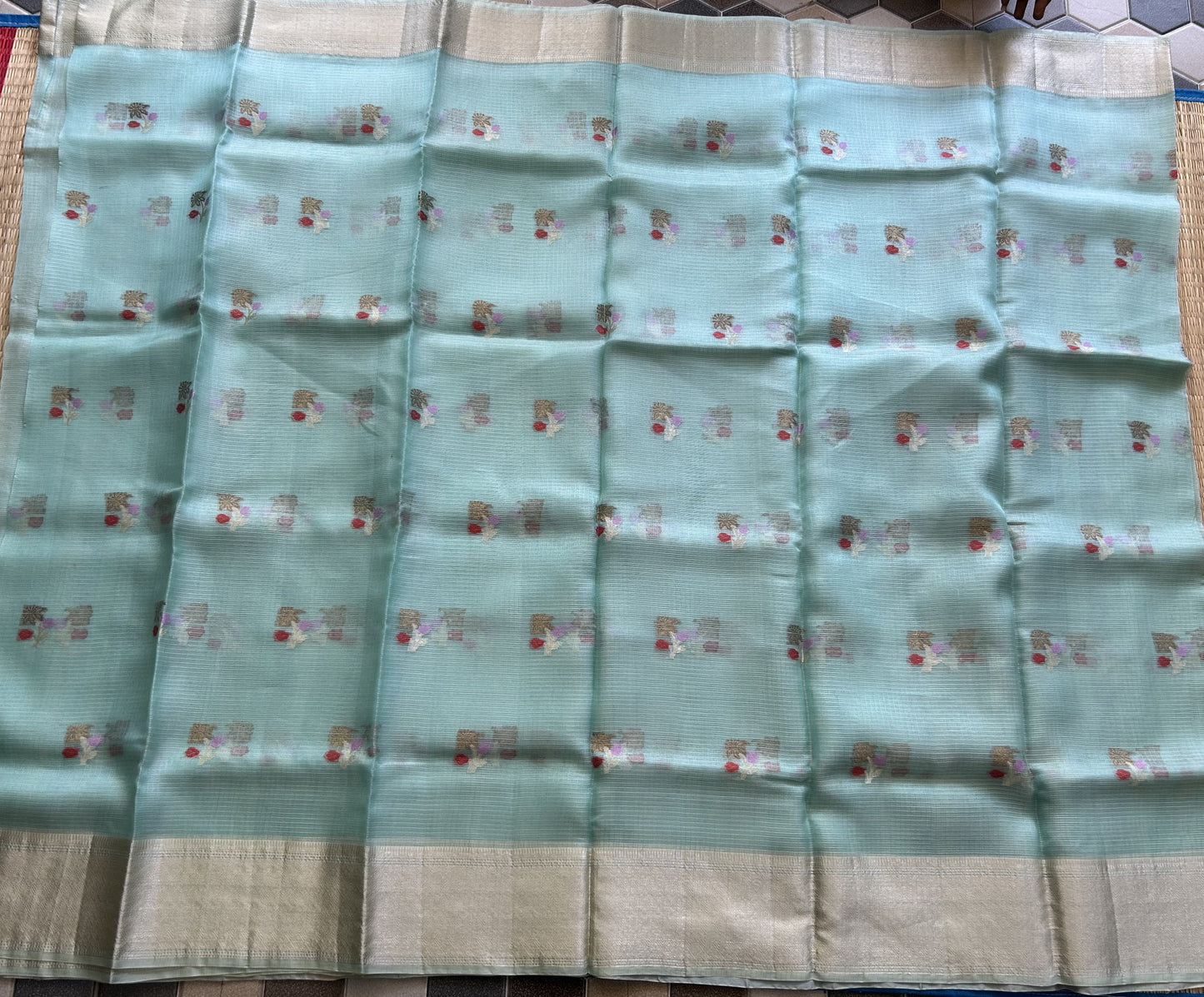 Pure Handloom Silk Kota Saree | Light Sea Green | Gold Zari With Temple Border | Silk Mark Certified