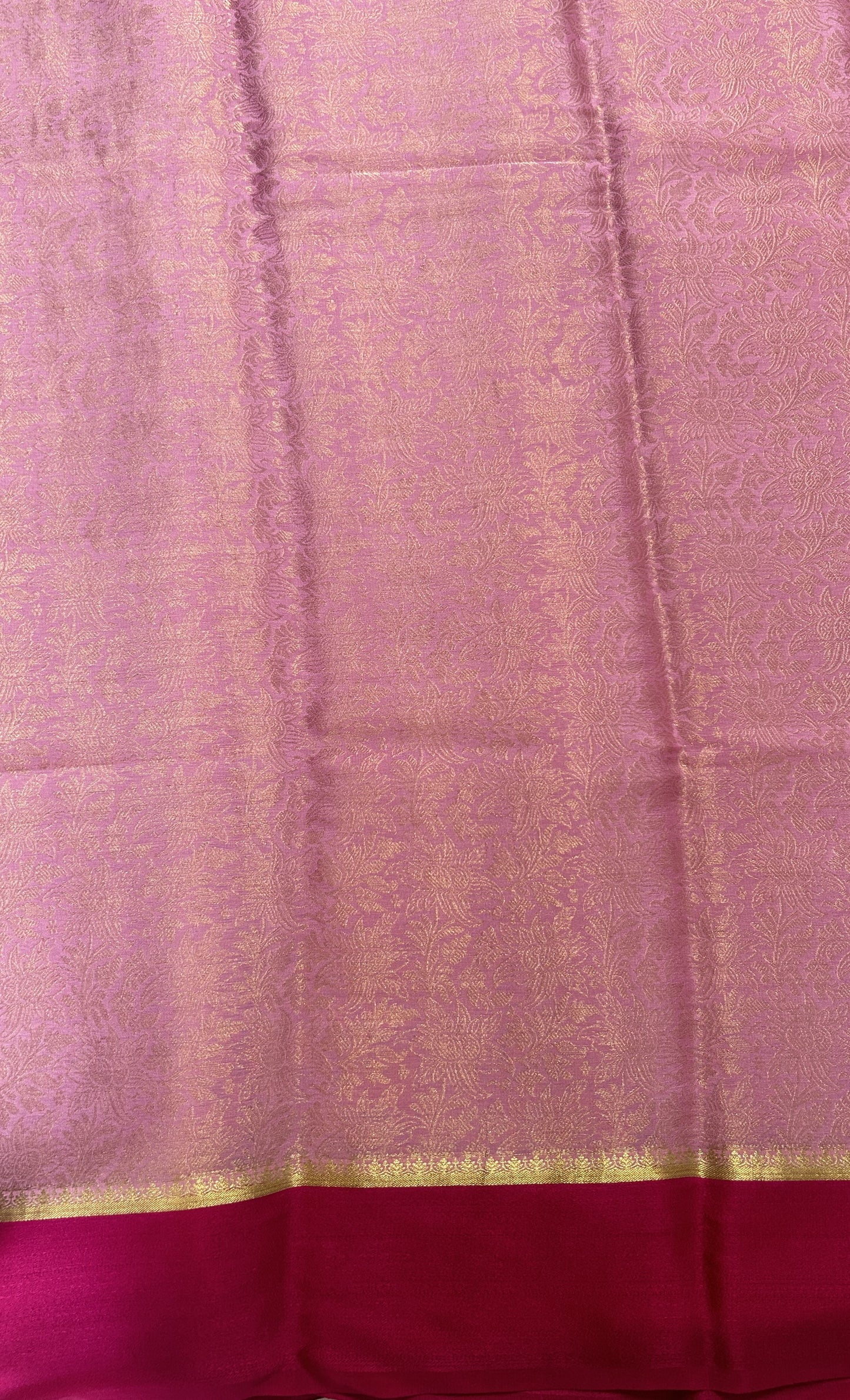 Mysore Crepe Silk Saree Baby Pink Colored Complemented with a Pink Zari Border. - Sampradaya Designer Studio