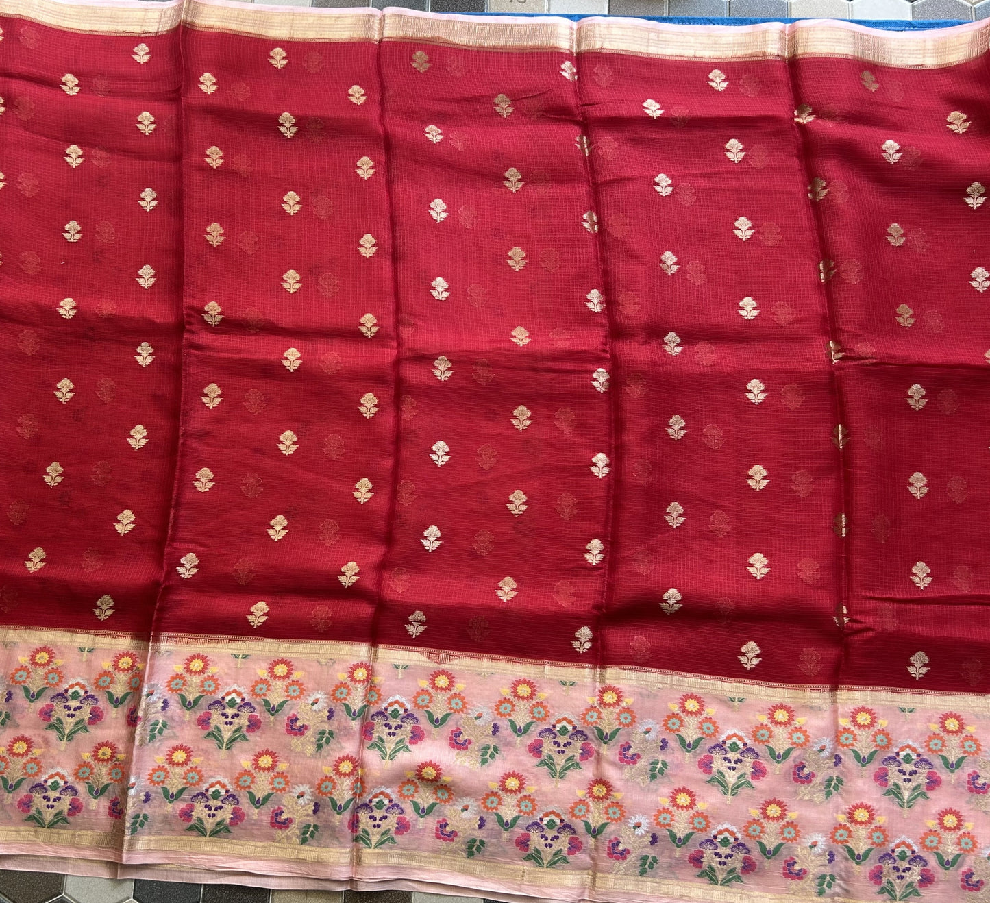 Pure Handloom Silk Kota Saree | Red | Gold Zari With Temple Border | Silk Mark Certified