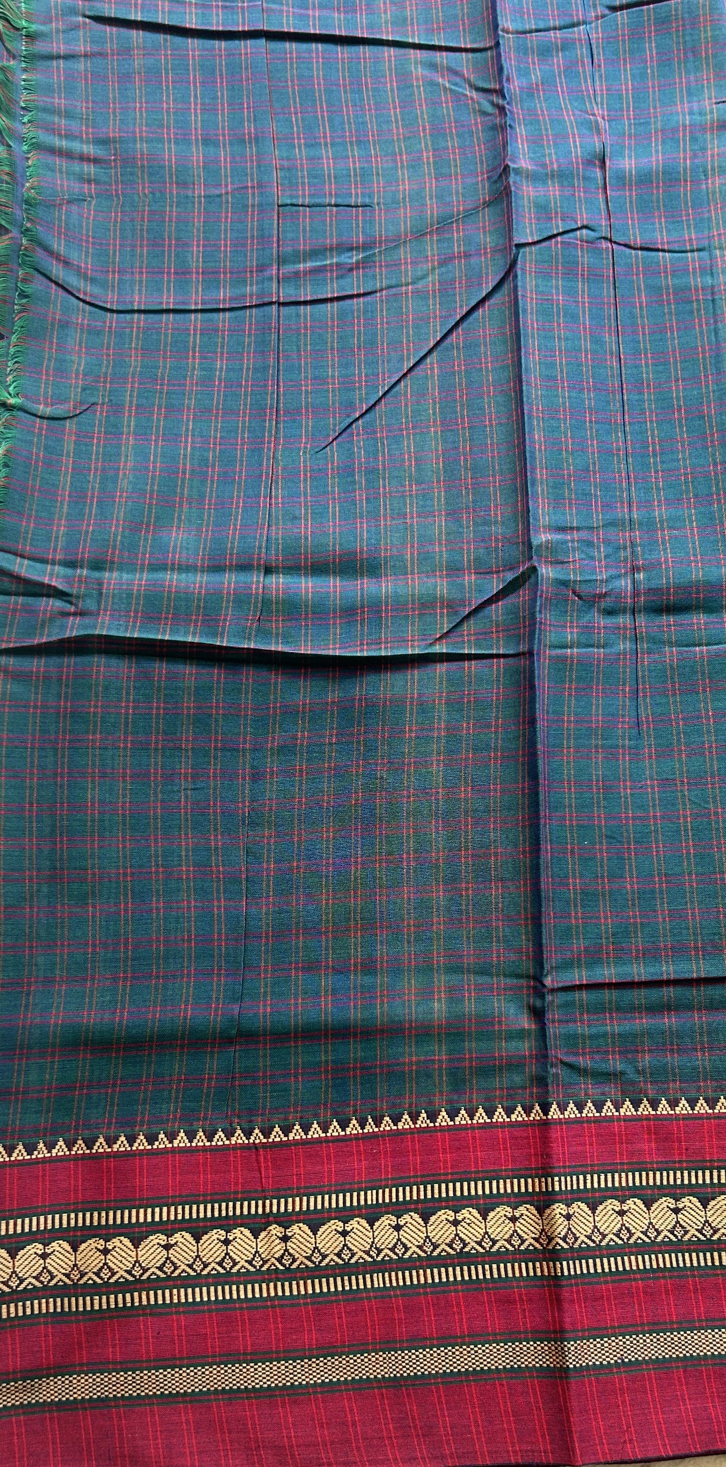 Narayanpet Cotton Checks Saree Peacock Blue Colored Complemented with a Pink Thread Border. - Sampradaya Designer Studio