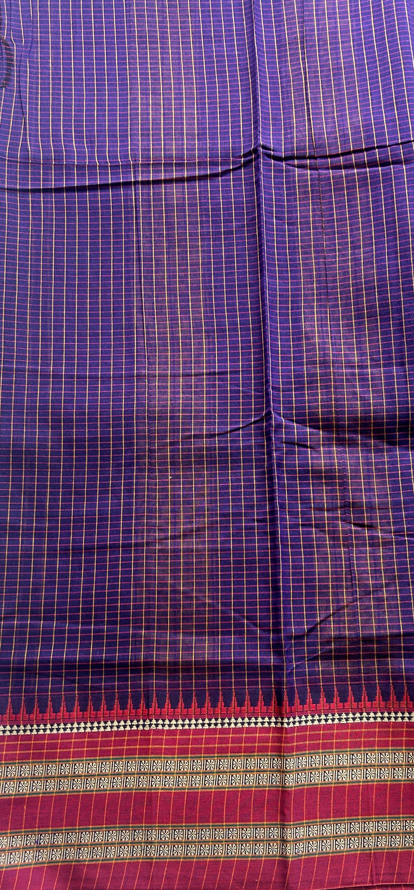 Narayanpet Cotton Checks Saree Violet Colored Complemented with a Pink Thread Border. - Sampradaya Designer Studio