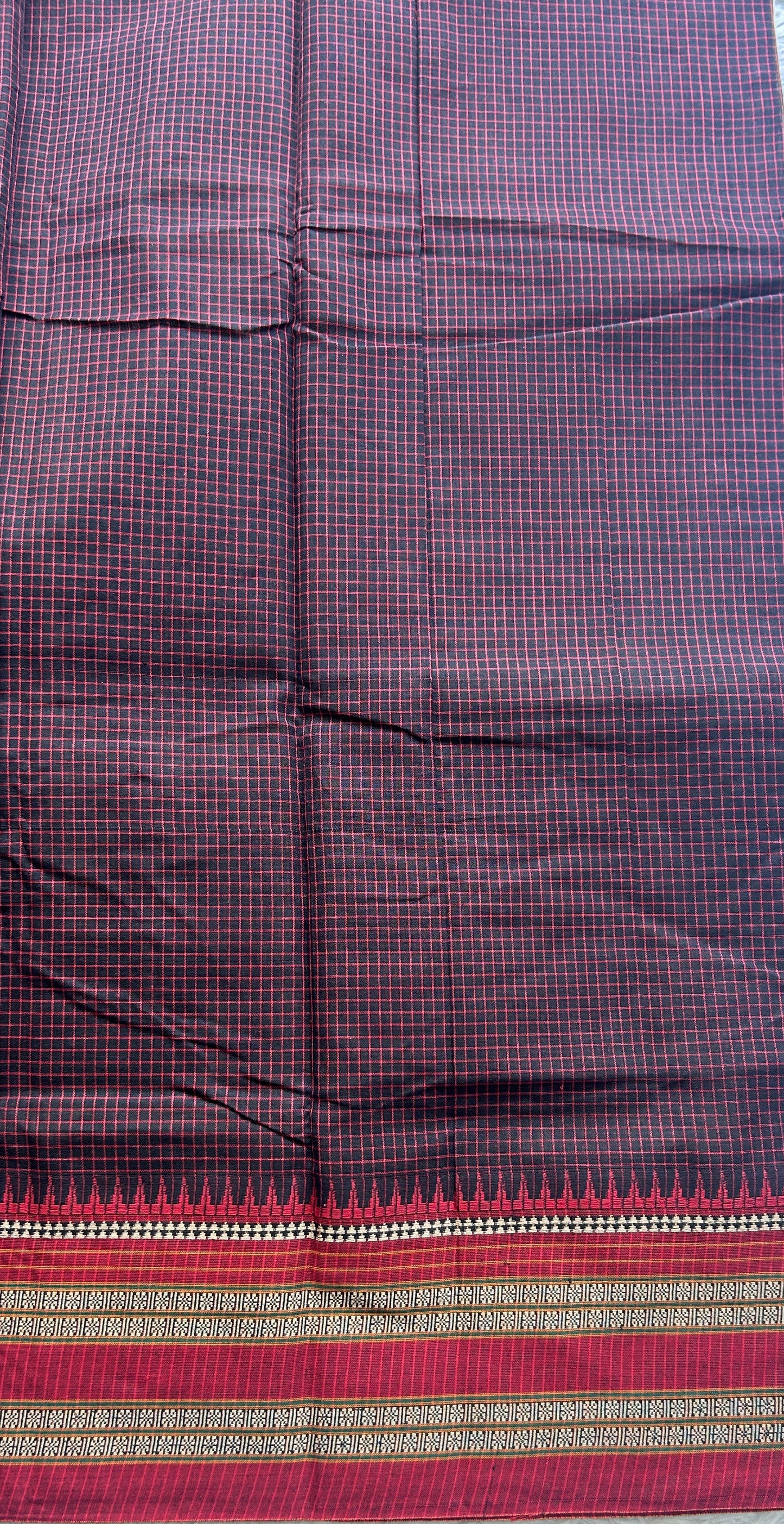 Narayanpet Cotton Checks Saree Black Colored Complemented with a Thread Gap Border. - Sampradaya Designer Studio