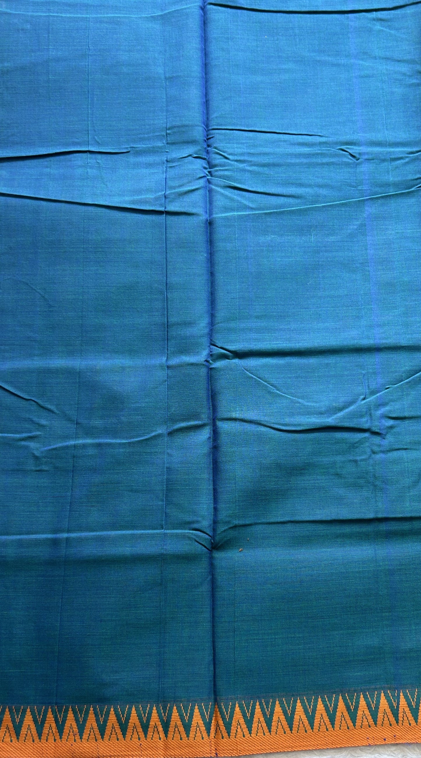 Narayanpet Cotton Saree Peacock Blue Colored Complemented with a Orange Thread Border. - Sampradaya Designer Studio