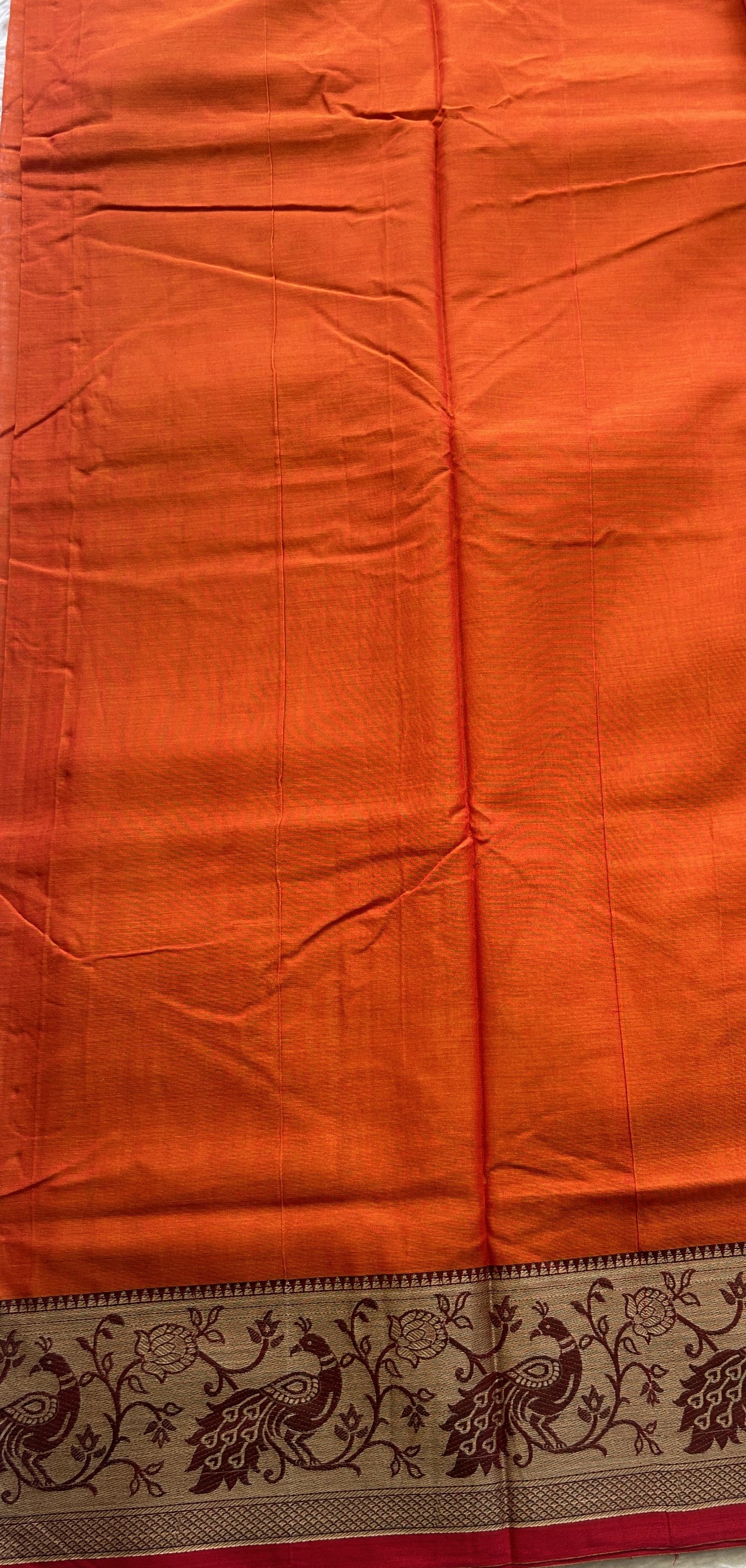Narayanpet Cotton Saree Orange Colored Complemented with a Minakari Border. - Sampradaya Designer Studio