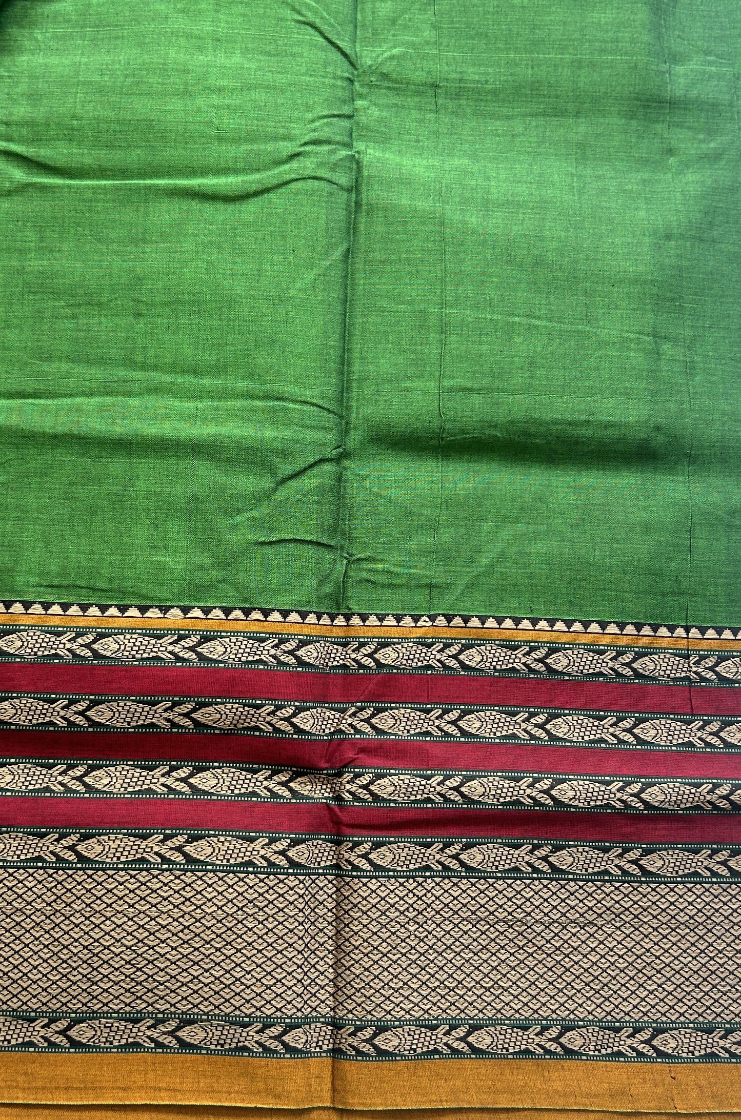 Narayanpet Cotton Saree Leaf Green Colored Complemented with a Minakari Thread Border. - Sampradaya Designer Studio