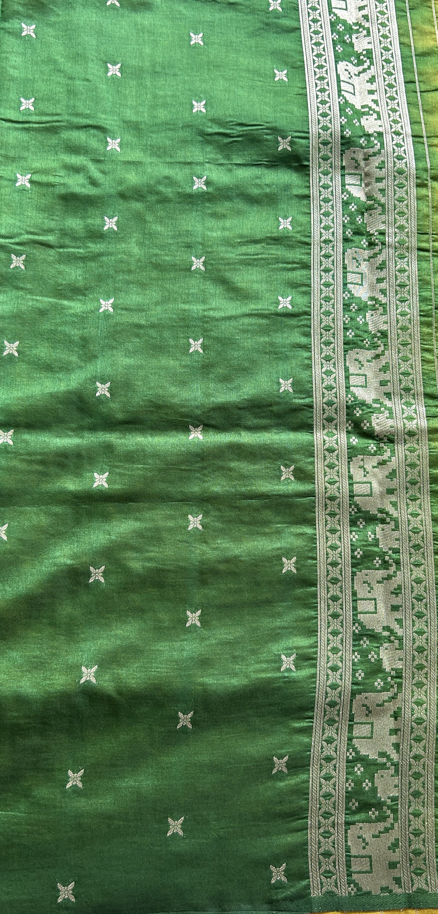Semi Raw Silk Saree Fluorescent Green Colored Complemented with a Zari Border. - Sampradaya Designer Studio