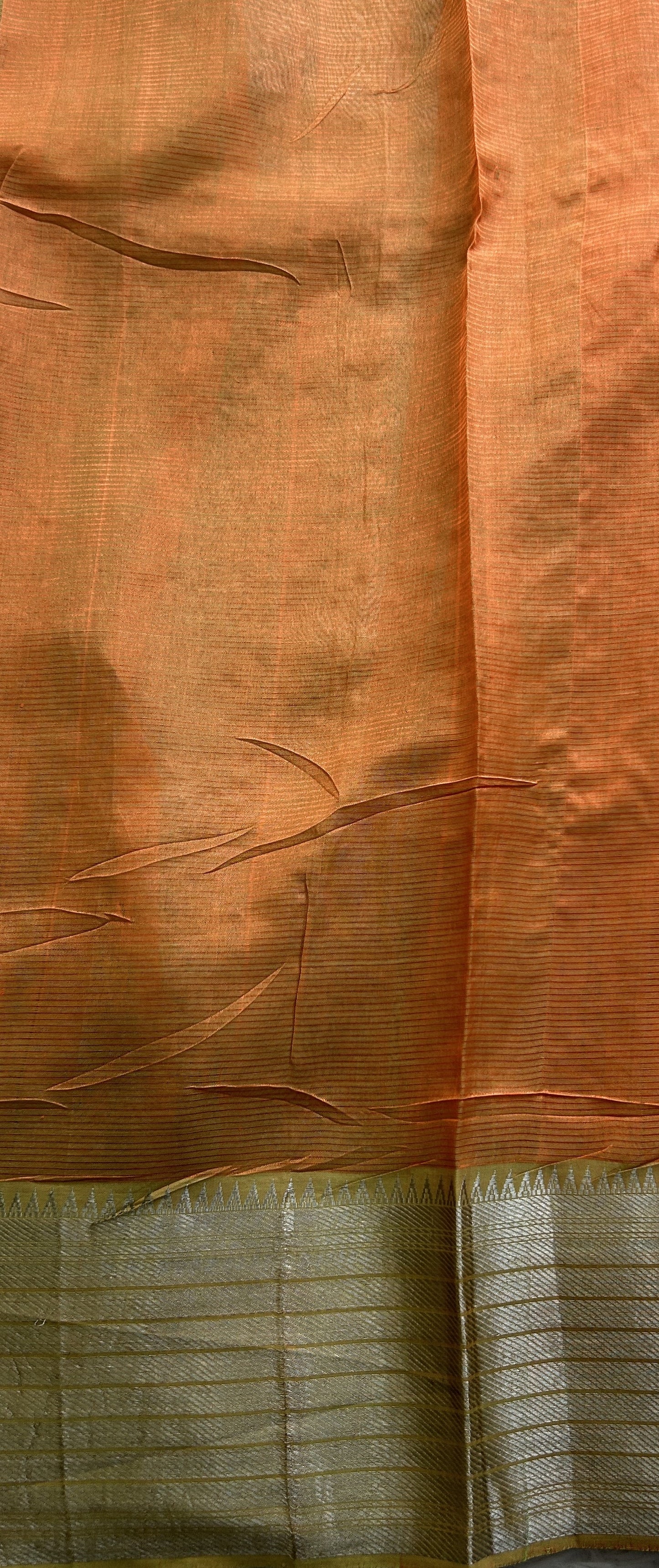 Mangalagiri Chikankari Saree Orange colored complemented with a Mangalagiri Kanchi Border. - Sampradaya Designer Studio