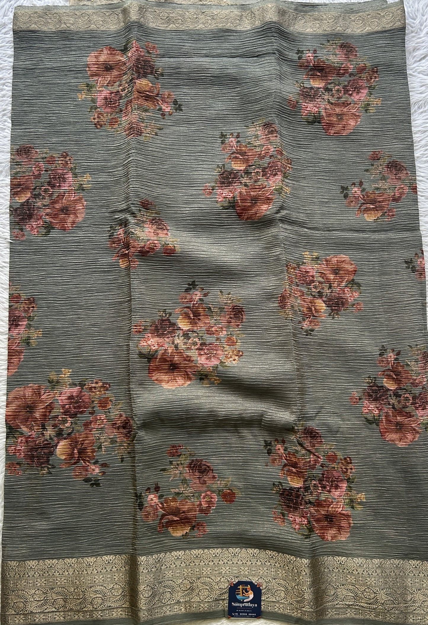 Banarasi Fancy Crushed Saree Gray Colored Complemented with a Zari Border. - Sampradaya Designer Studio