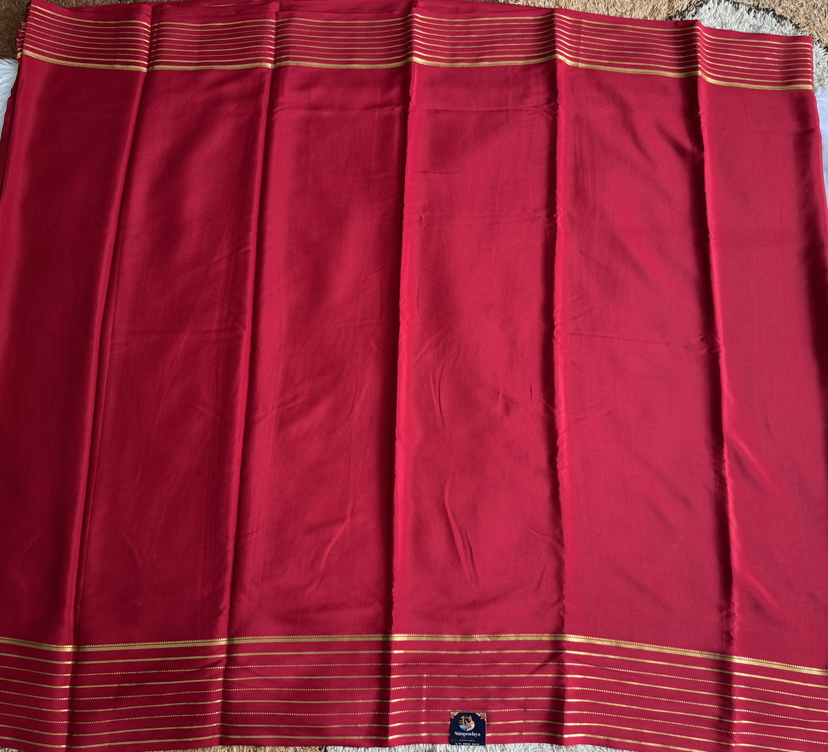 Maroon Mysore Crepe Silk Saree with Silver Zari Border | Pure Handloom | Silk Mark Certified
