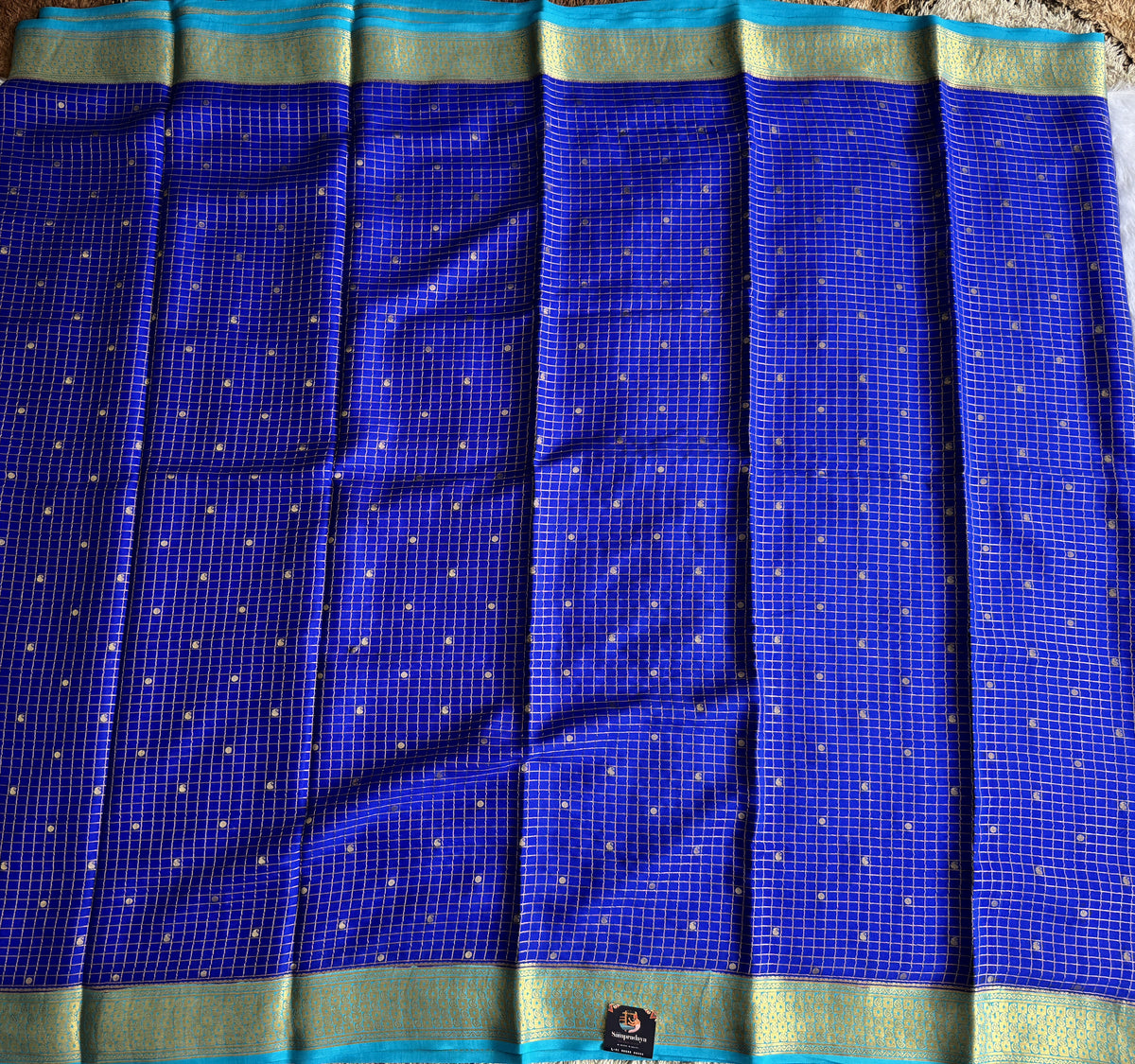 Ink Blue Mysore Crepe Silk Saree with Silver Zari Border | Pure Handloom | Silk Mark Certified