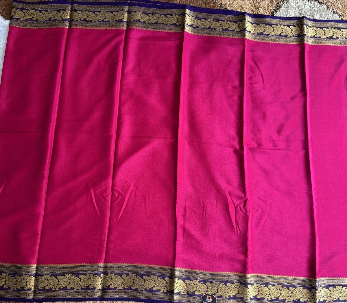 Rani Pink Mysore Crepe Silk Saree with Silver Zari Border | Pure Handloom | Silk Mark Certified