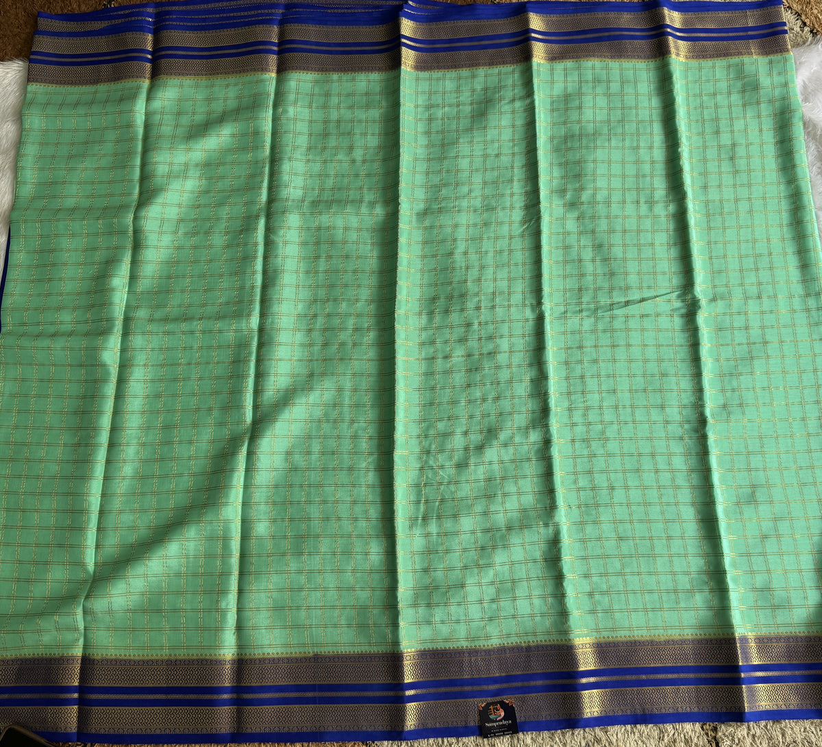 Sea Green Mysore Crepe Silk Saree with Silver Zari Border | Pure Handloom | Silk Mark Certified