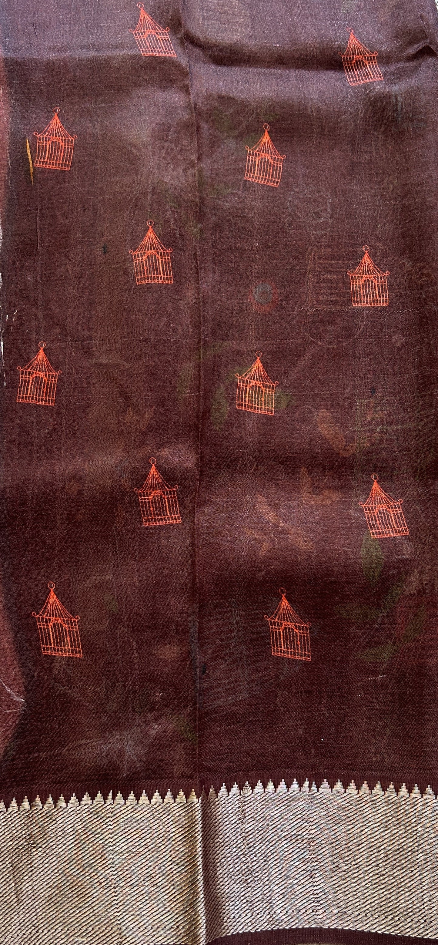 Mangalagiri Pattu Digital Print Saree Cream colored complemented with a Brown Color Zari Border - Sampradaya Designer Studio