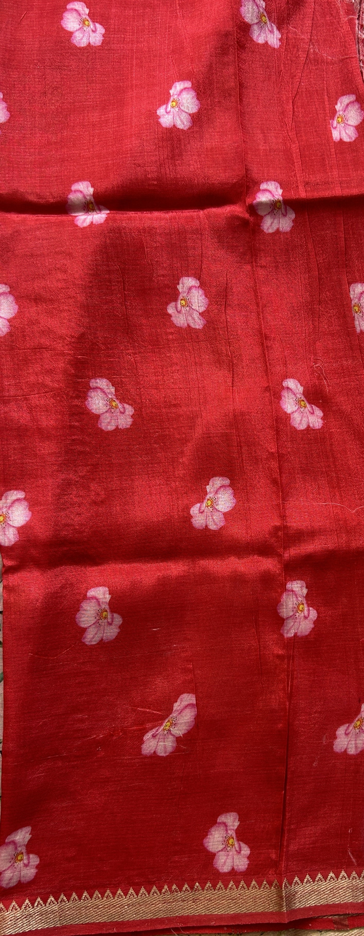 Mangalagiri Pattu Digital Print Saree Baby Pink colored complemented with a Red Zari Border - Sampradaya Designer Studio