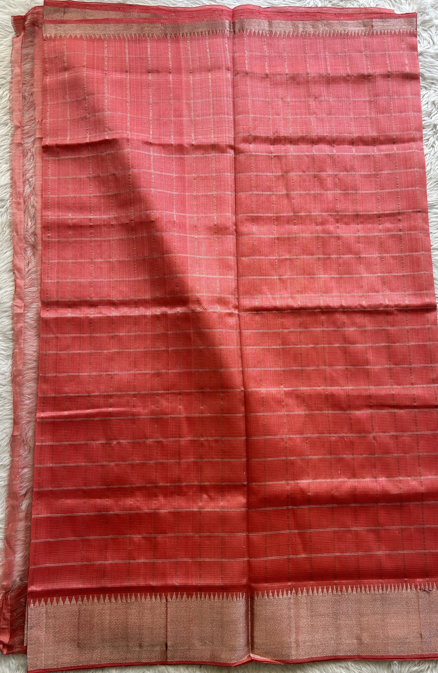 Mangalagiri Checks Pattu Saree Peach colored complemented with a Zari Border - Sampradaya Designer Studio