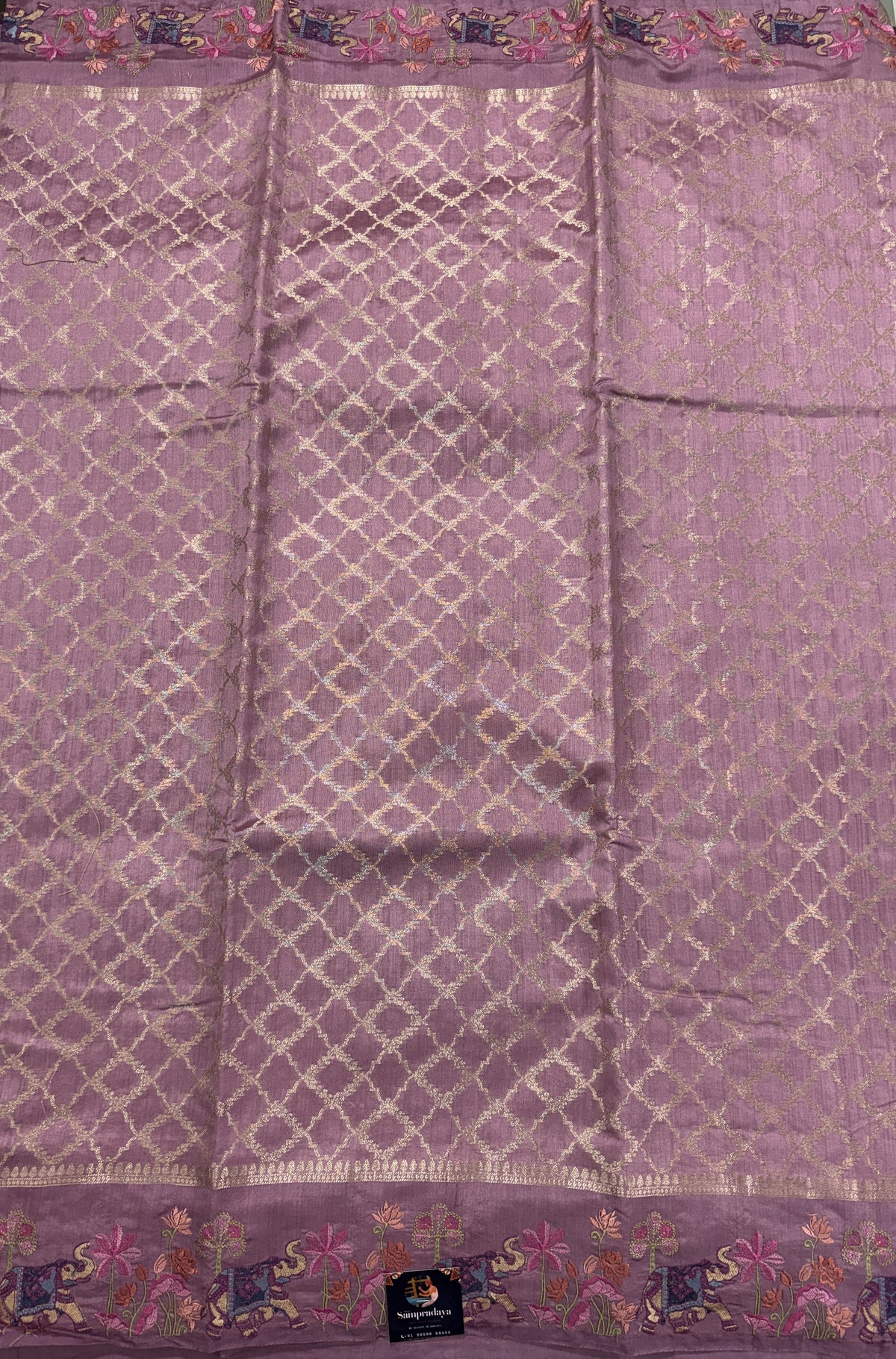 Pure Chiniya Silk Saree Mauve Colored Elegantly Paired with a Gold Zari Border