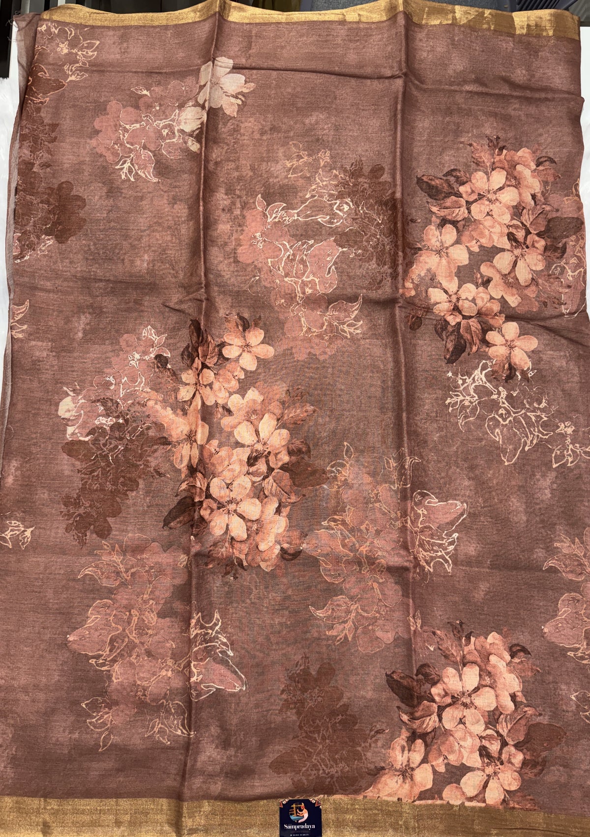 Pure Chiniya Silk Saree Brown Colored Elegantly Paired with a Gold Zari Border.