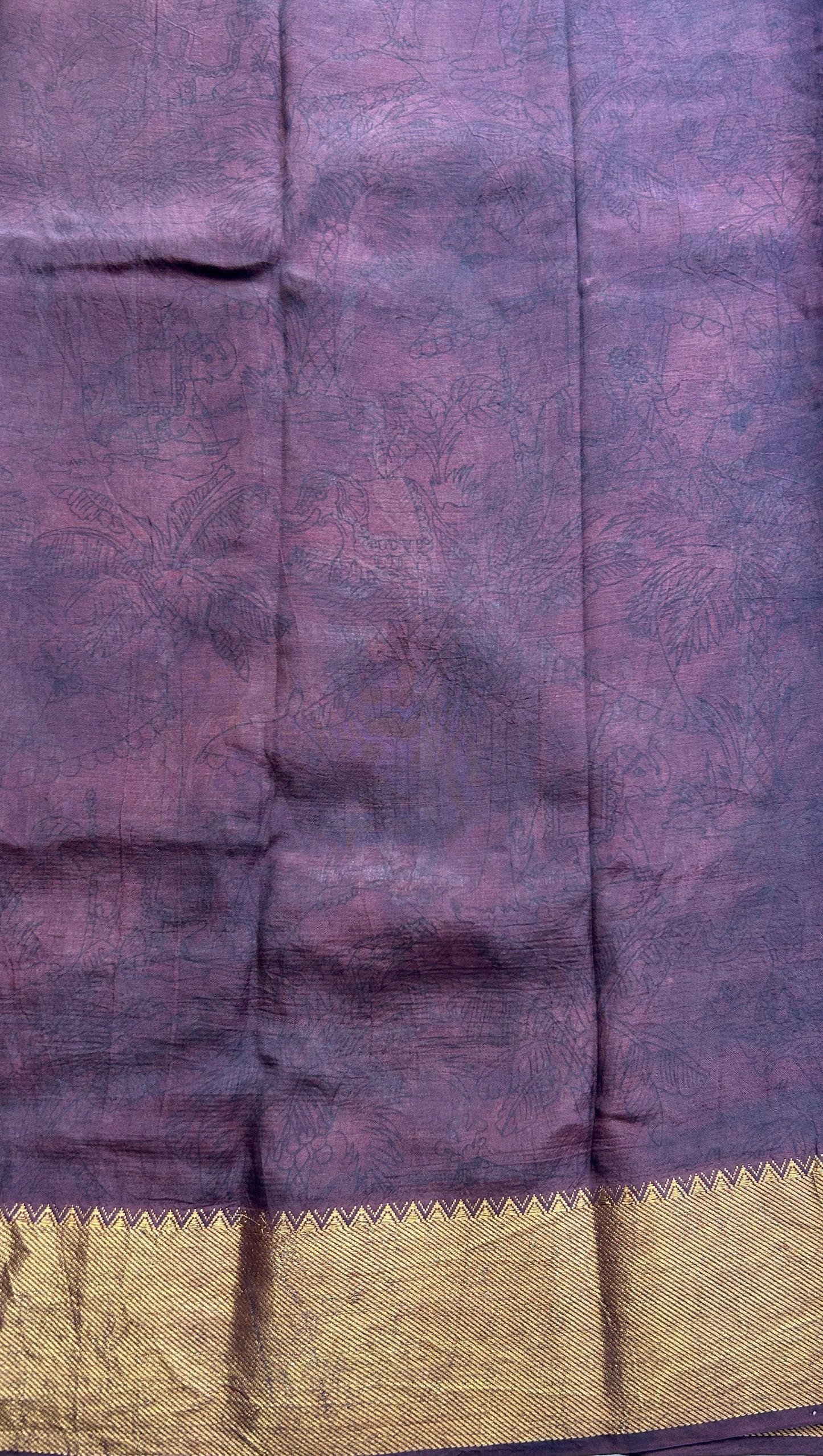 Mangalagiri Pen Kalamkari Saree Persian colored complemented with a Brown Colored Zari border - Sampradaya Designer Studio