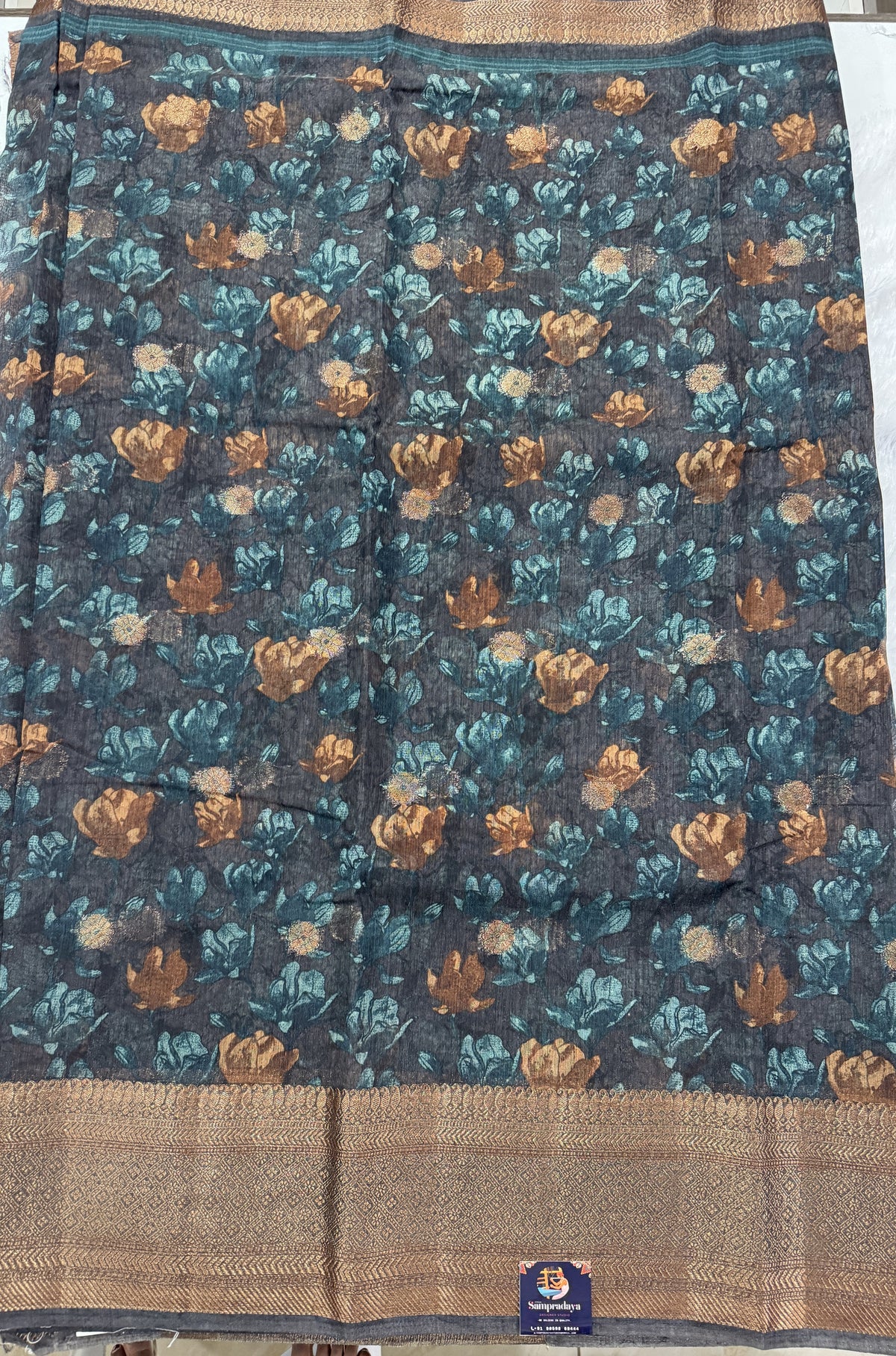 Semi Tussar Silk Saree - Peacock Blue color with Gold Zari Border - Elegant Fancy Saree for Party & Office Wear.