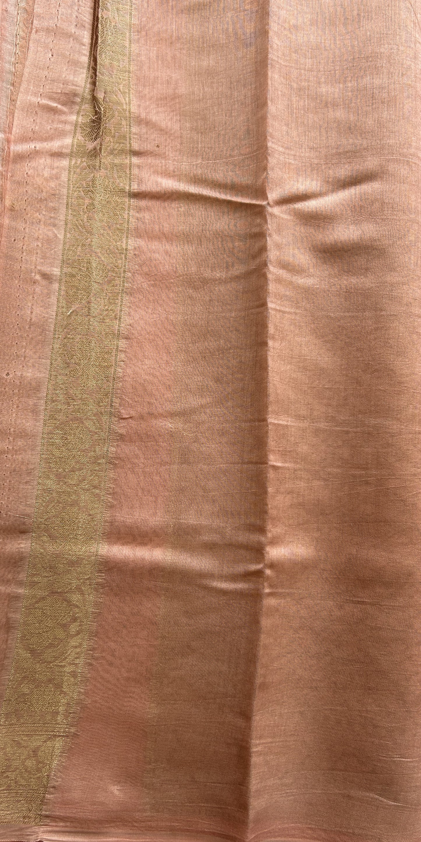 Maheshwari Chanderi Cotton Saree Light Green Colored Complemented with a Peach Color Zari Border. - Sampradaya Designer Studio