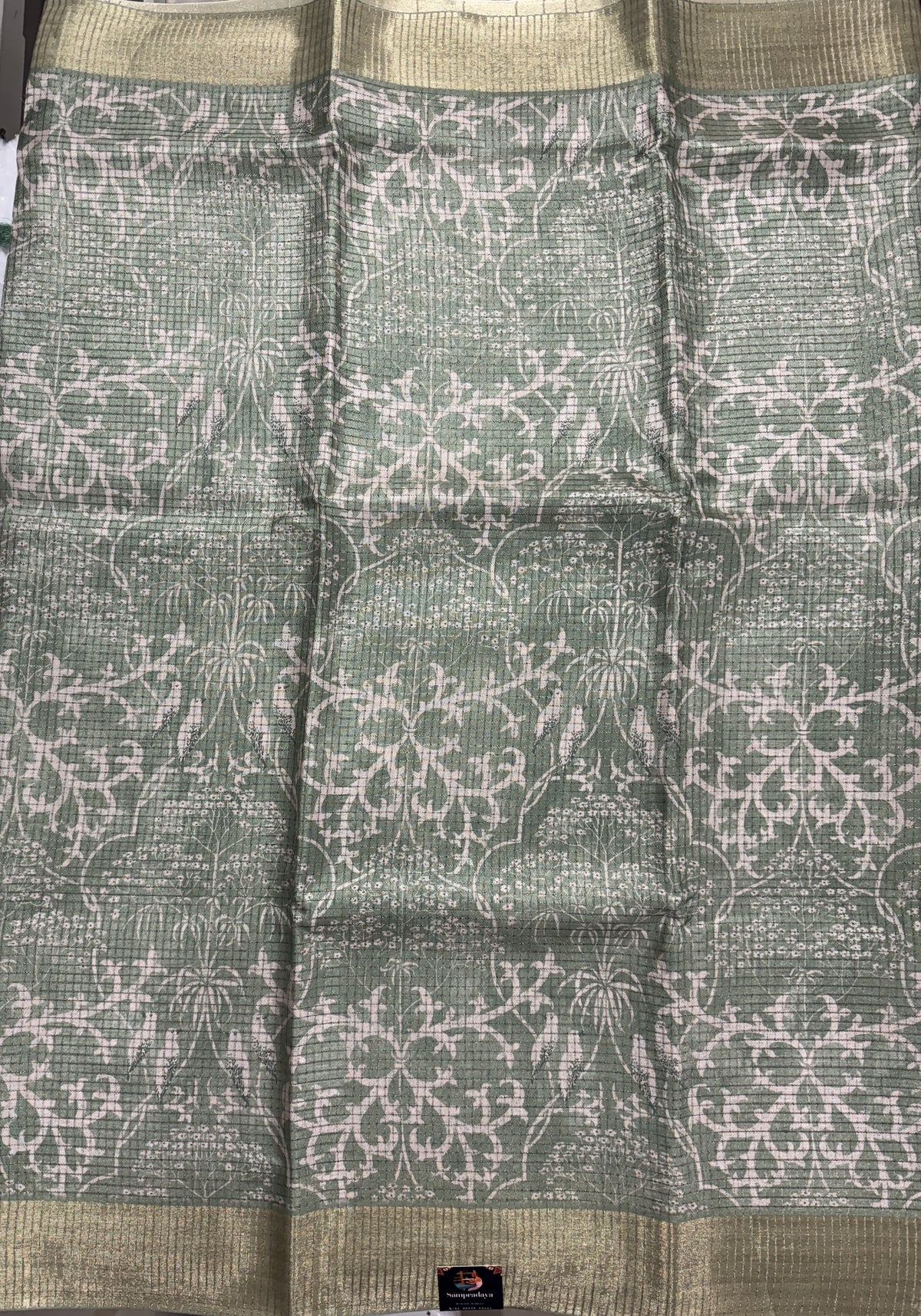 Semi Tussar Silk Saree -Sea Green color with Gold Zari Border - Elegant Fancy Saree for Party & Office Wear