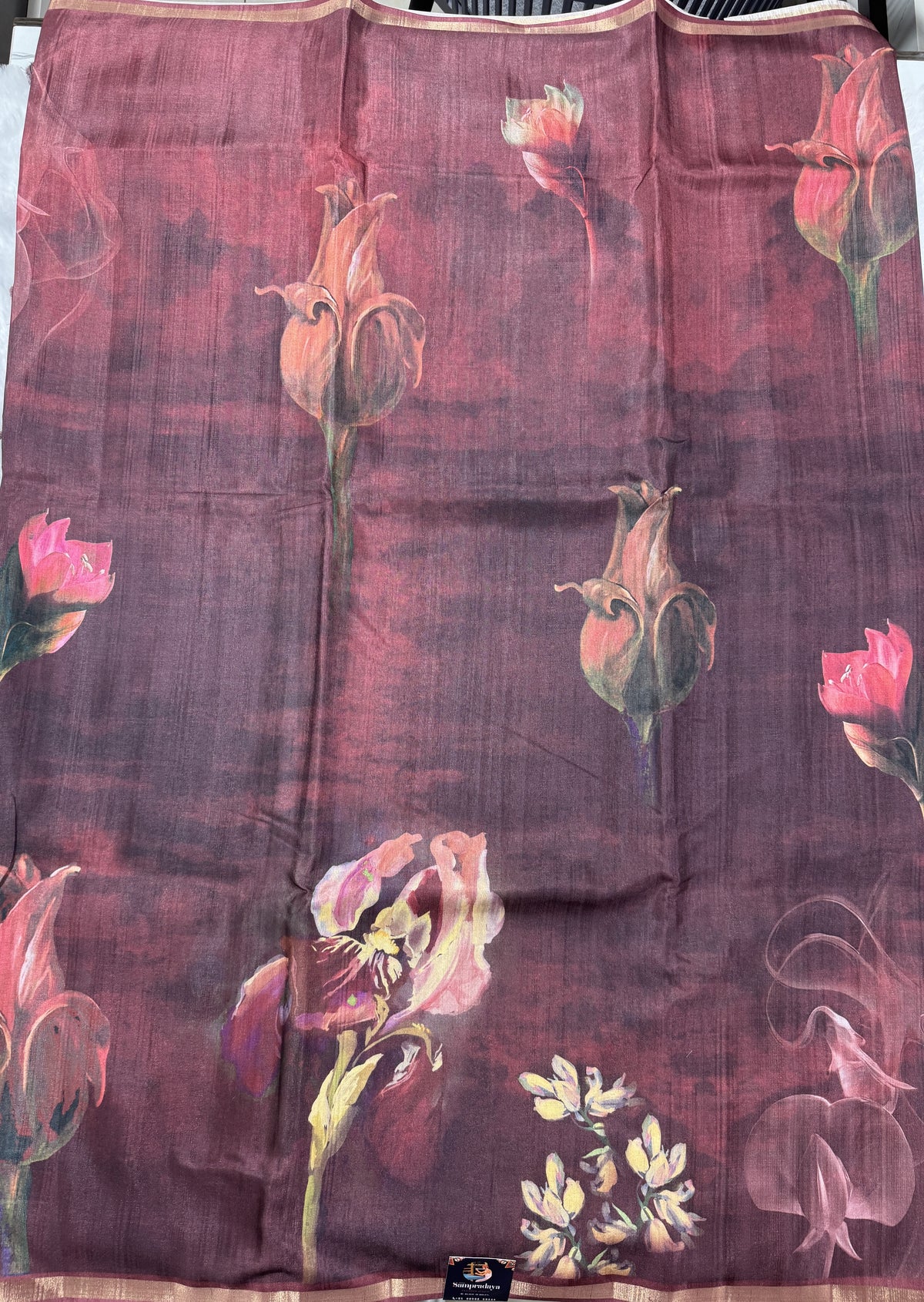 Semi Tussar Silk Saree-Maroon color with Gold Zari Border - Elegant Fancy Saree for Party & Office Wear