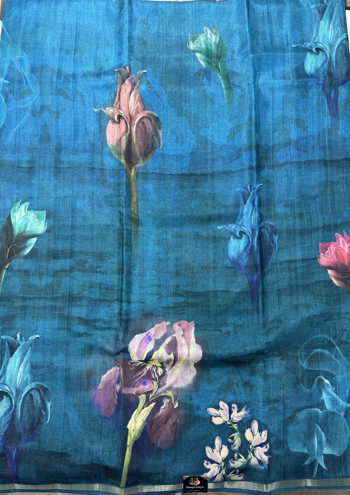 Semi Tussar Silk Saree-Peacock Blue color with Gold Zari Border - Elegant Fancy Saree for Party & Office Wear