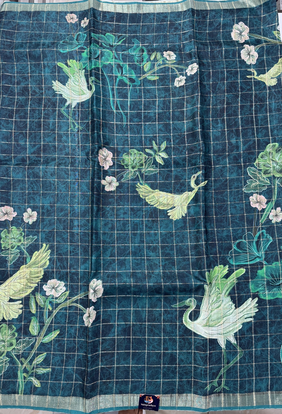 Semi Tussar Silk Saree -Bottle Green color with Gold Zari Border - Elegant Fancy Saree for Party & Office Wear